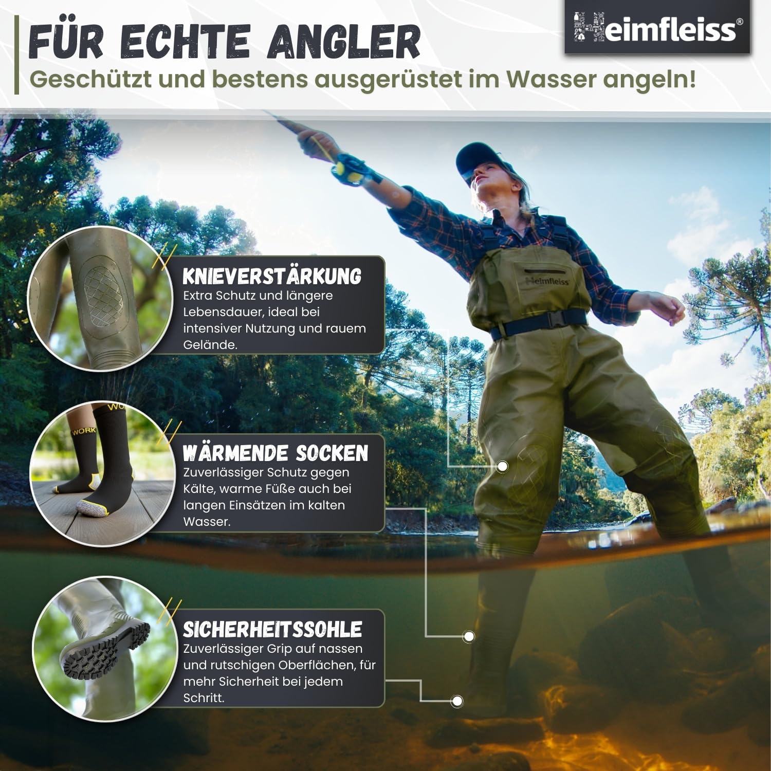 Heimfleiss® Wathose Herren Wasserdicht mit Stiefel | Unisex Nylon Anglerhose inkl. Zubehör | rutschfeste Fischerhose zum Angeln oder zur Teichreinigung | Wader Watthose Teichhose Angelhose