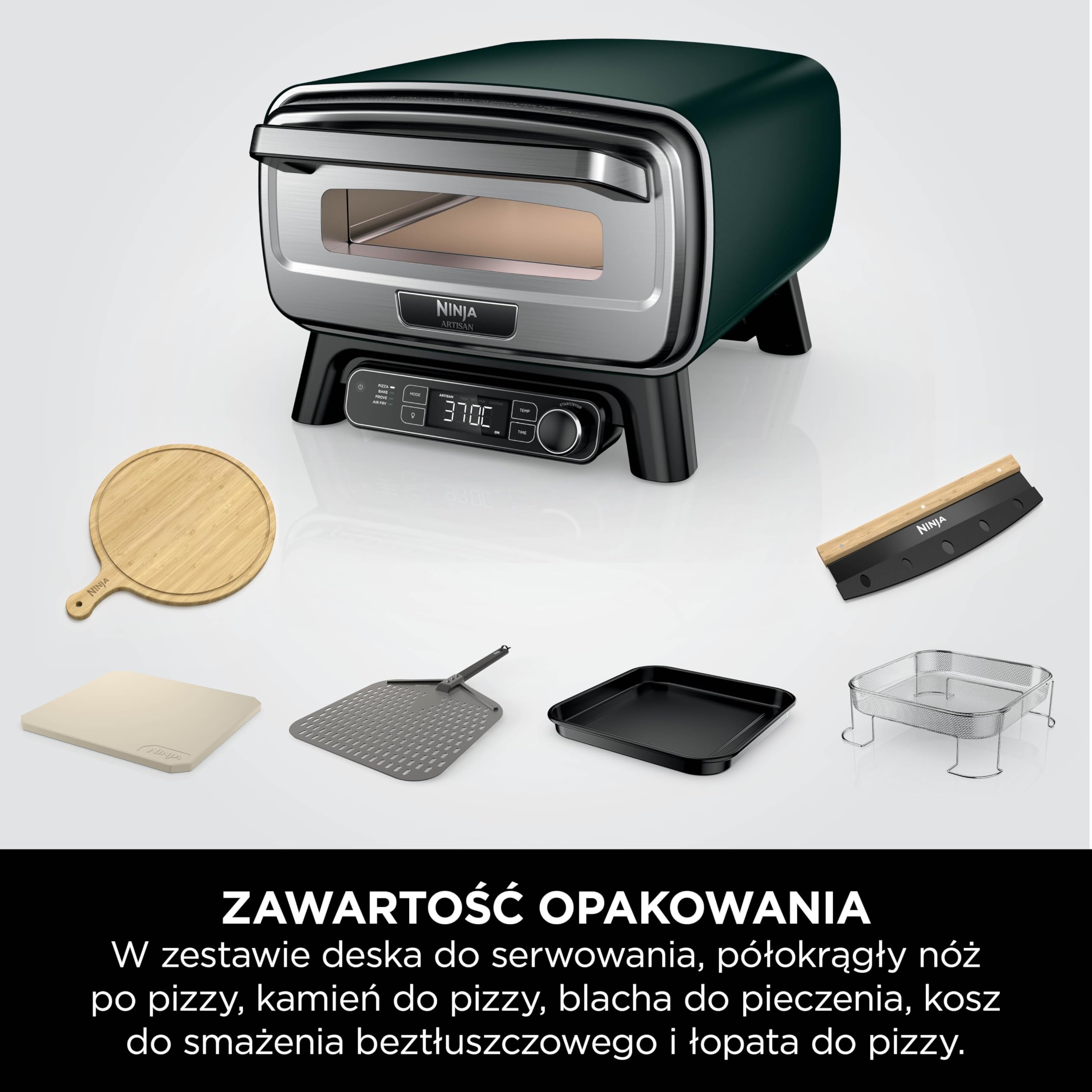 Ninja Artisan elektryczny zewnętrzny piec do pizzy i frytkownica beztłuszczowa z 4 funkcjami gotowania, deska do serwowania, nóż, kamień do pizzy 30 cm, łopata, blacha i kosz, zielony MO201AMZEU