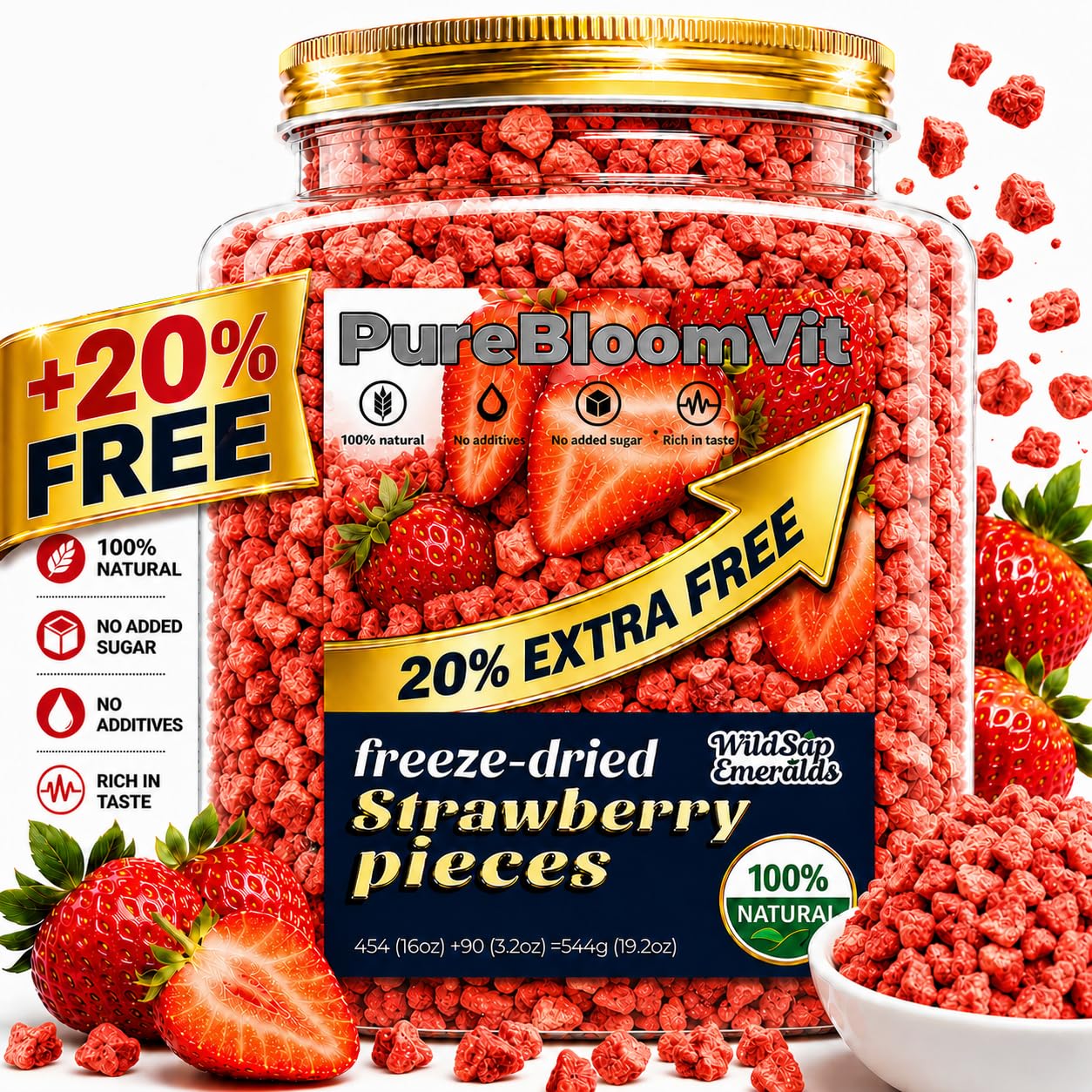 WildSap Emeralds Freeze Dried Strawberry Dices - 19.2oz Bulk Family Size Canned, 100% Fruit No Added Sugar Unsweetened Strawberry Pieces, Non-GMO