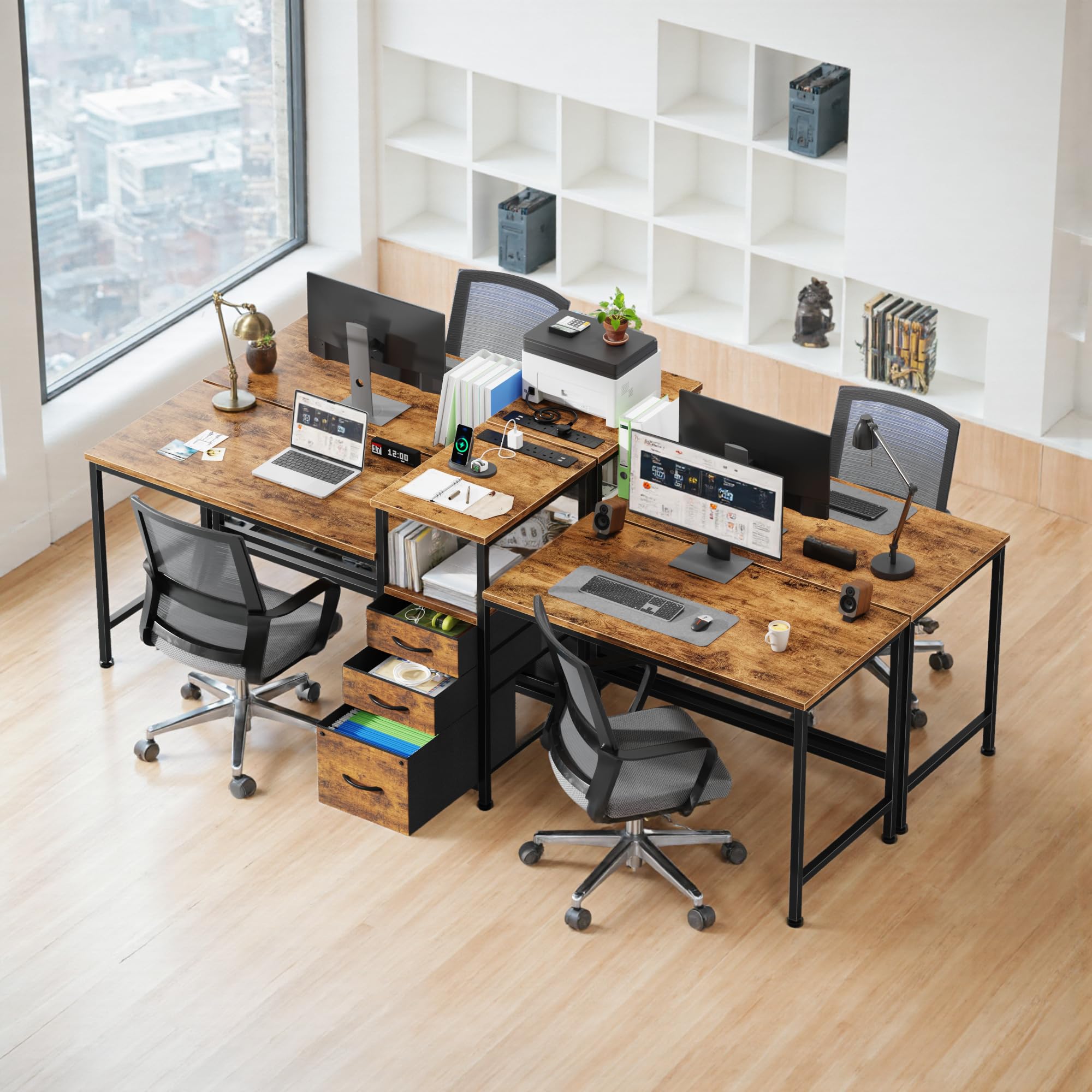 236 cm Scrivania Doppia con Stazione di Ricarica, Scrivania per Computer a LED con Cassetti e Ripiano per Stampante, Scrivania per Ufficio Domestico, Tavolo da Lavoro per PC da 2 Persone