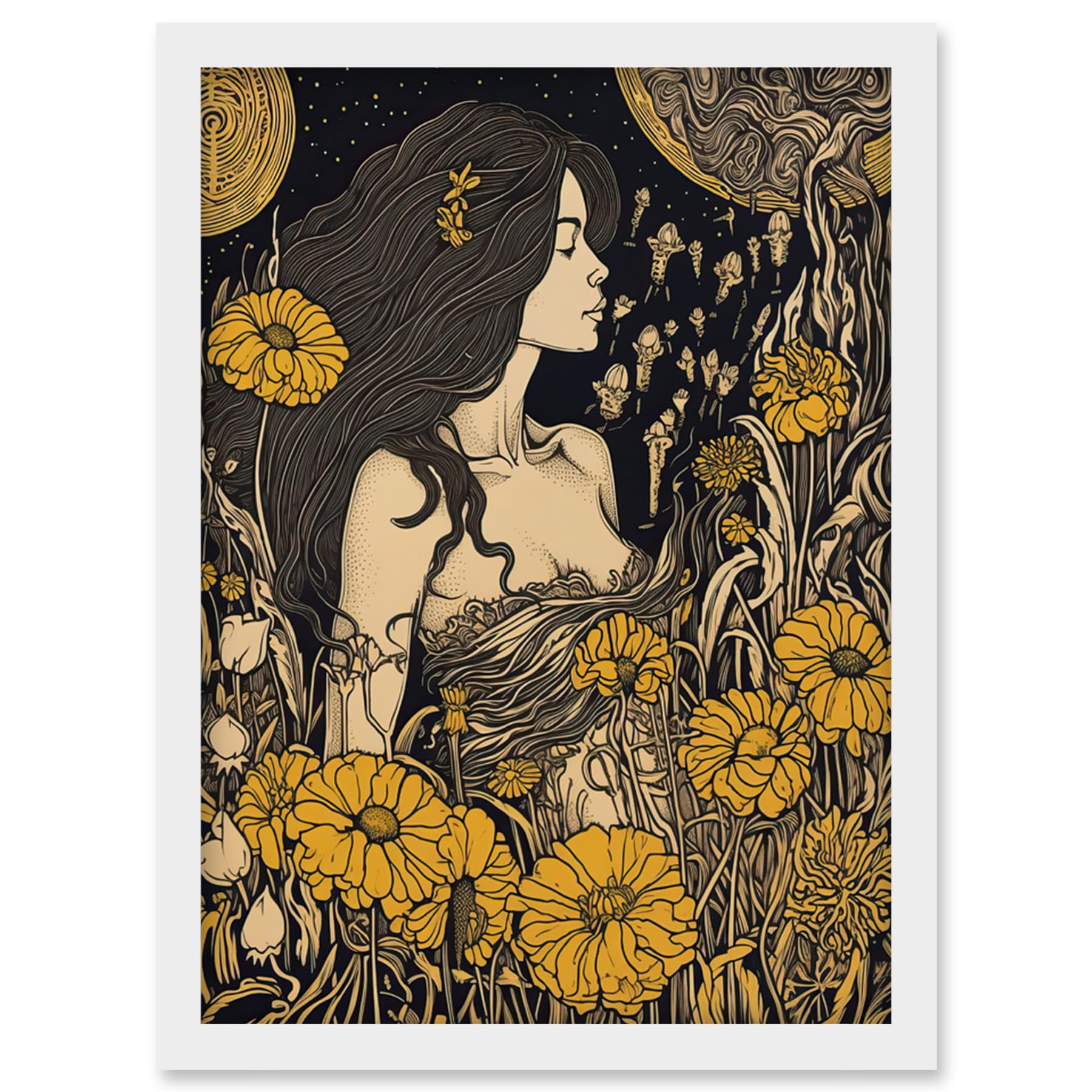 Artery8 Woman in Flower Field Midsummer Night Illustration Artwork Framed Wall Art Print A4