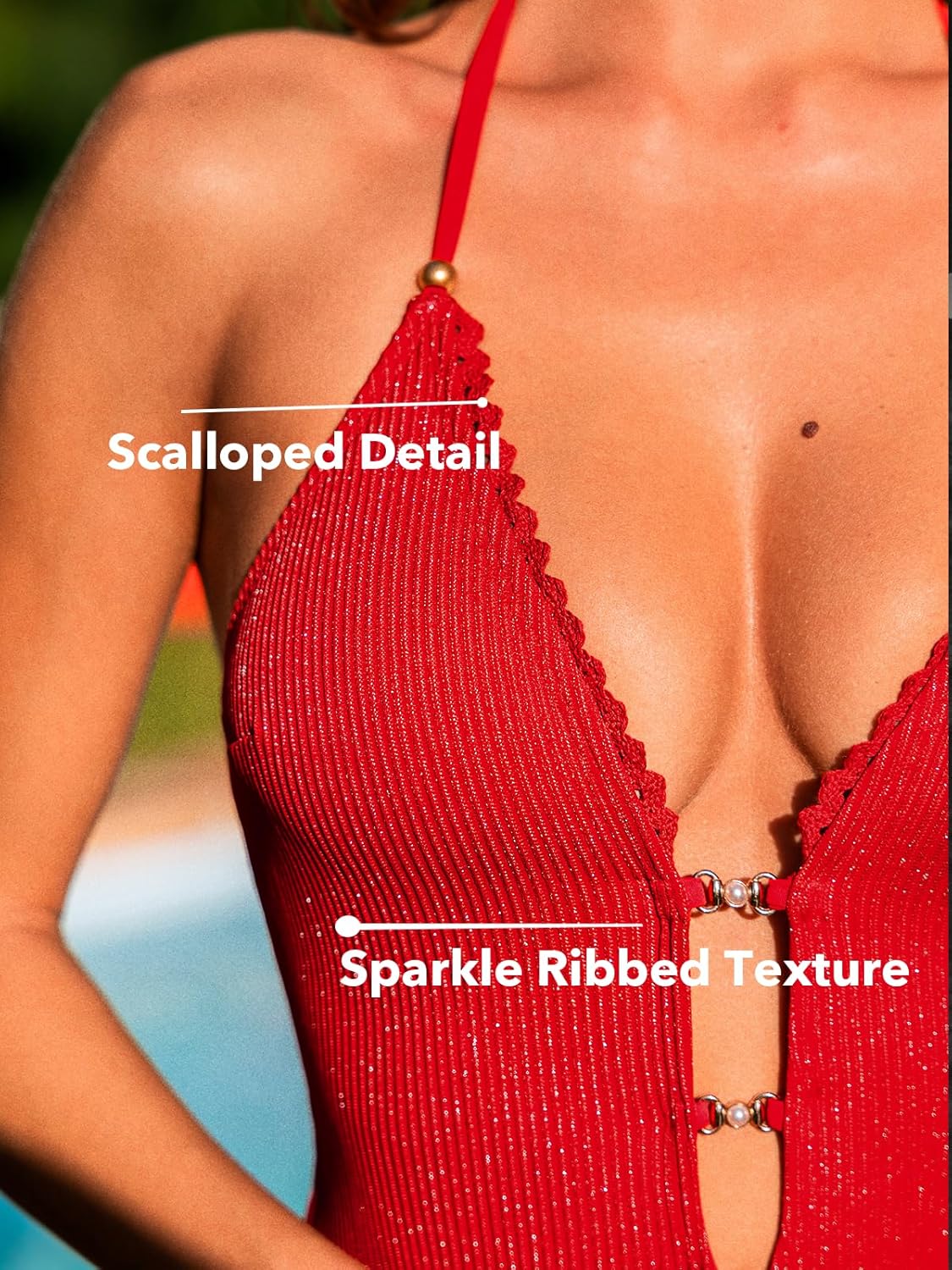 CUPSHE Women's One Piece Swimsuit Plunging Neck Bathing Suit Halter Straps Adjustable Swimwear Shiny Ribbed Scalloped - Image 4