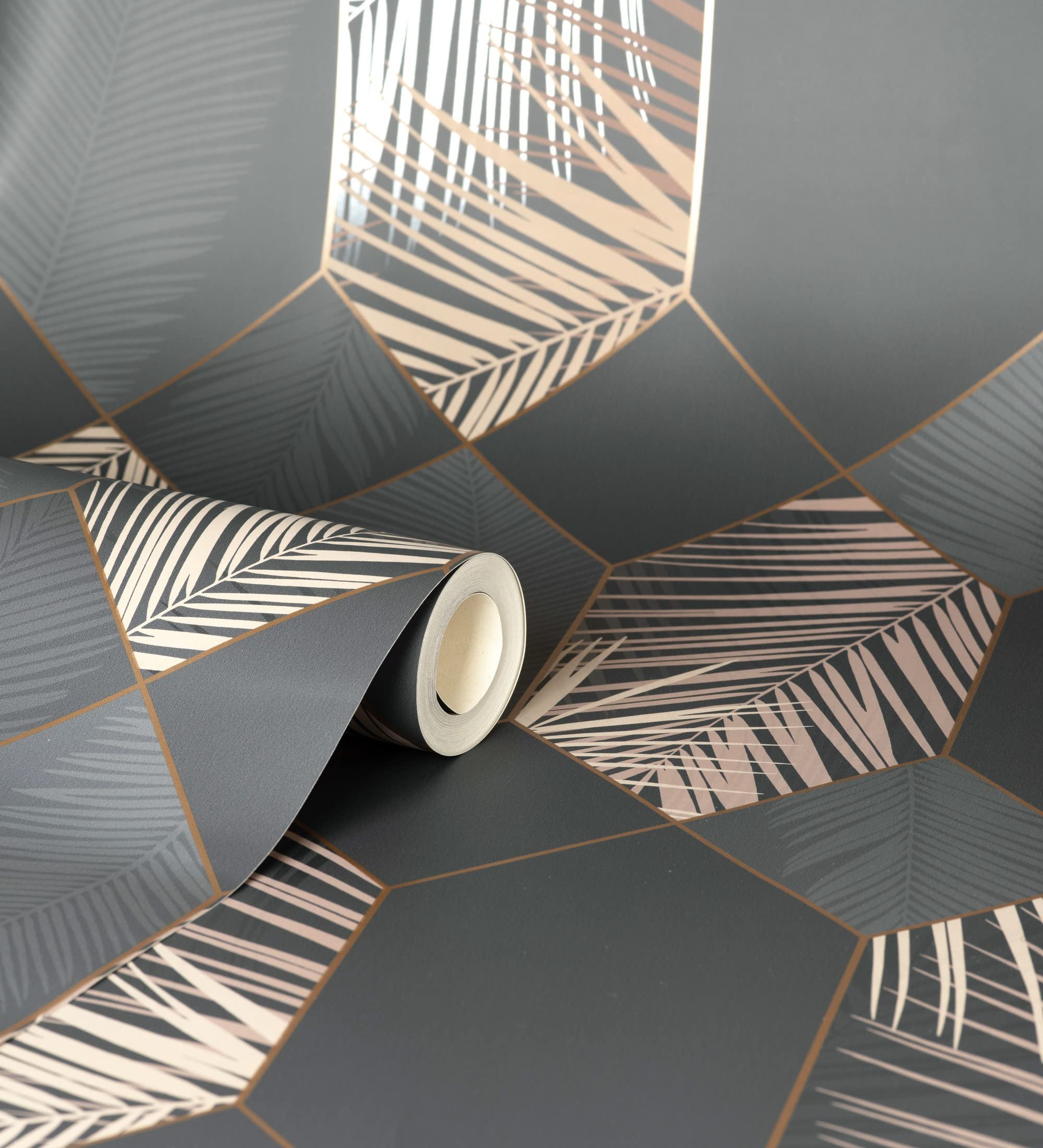 GAULAN 681282 - Papel pintado lavable geométrico panel hexagonal con hojas tropicales para pared salón dormitorio pasillo comedor - Rollo de 10 m x 0,53 m