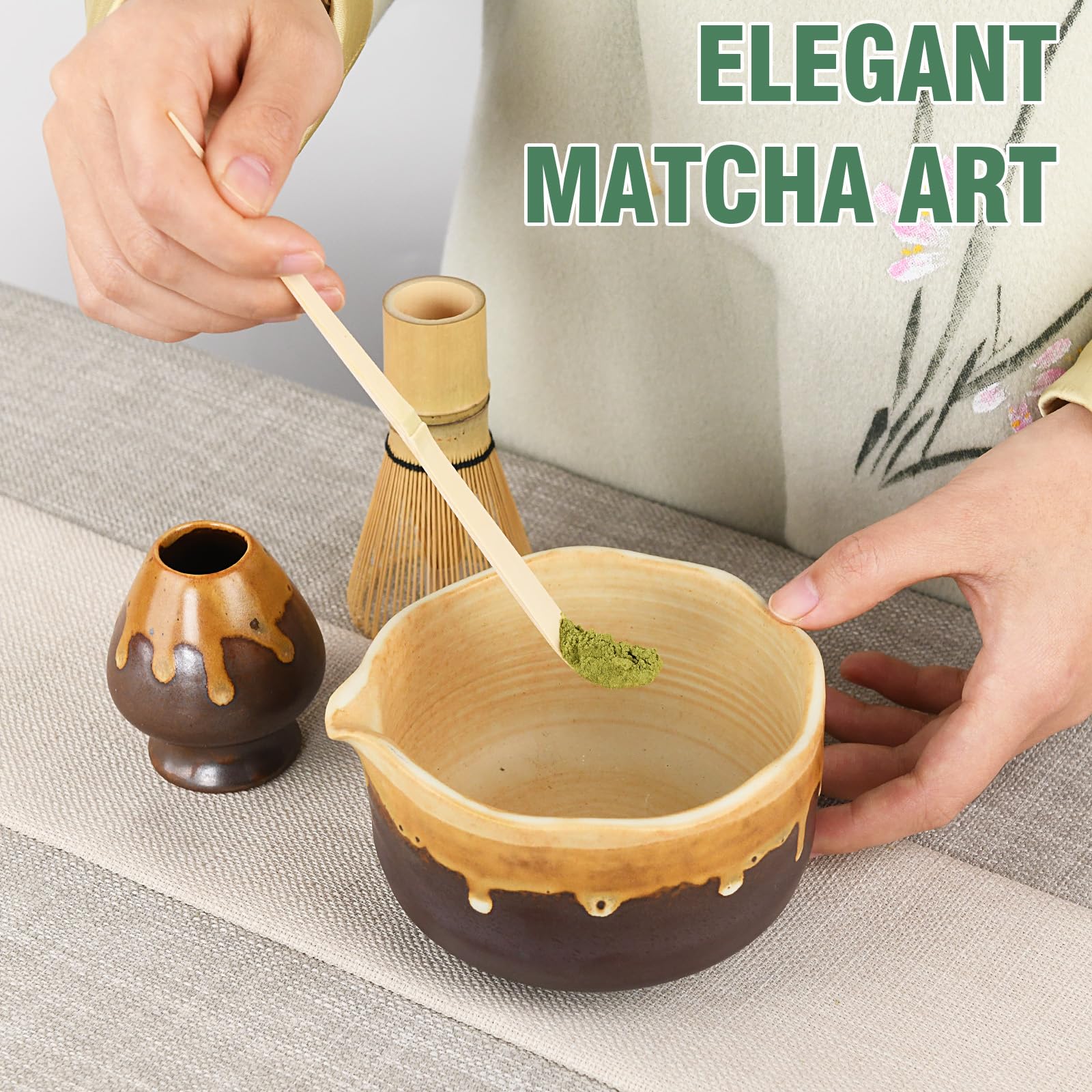 Matcha Whisk Set Handcrafted Matcha Bowl with Spout Bamboo Whisk Scoop and Chasen Holder 4 pcs Matcha Kit Tea Ceremony Set for Matcha Lovers (Coffee Sand)