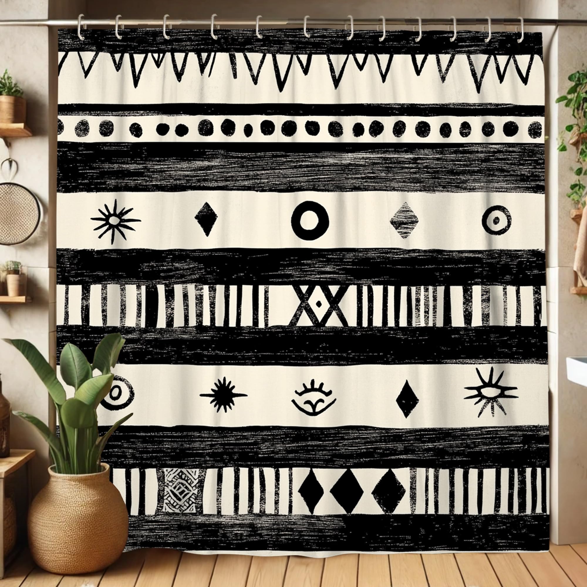 Geometric Shower Curtain, Black and Cream Abstract Pattern Shower Curtain for Bathroom Decor, Modern Minimalistic Waterproof Fabric Shower Curtain Set with Hooks, Year-Round Style 72x72 Inch