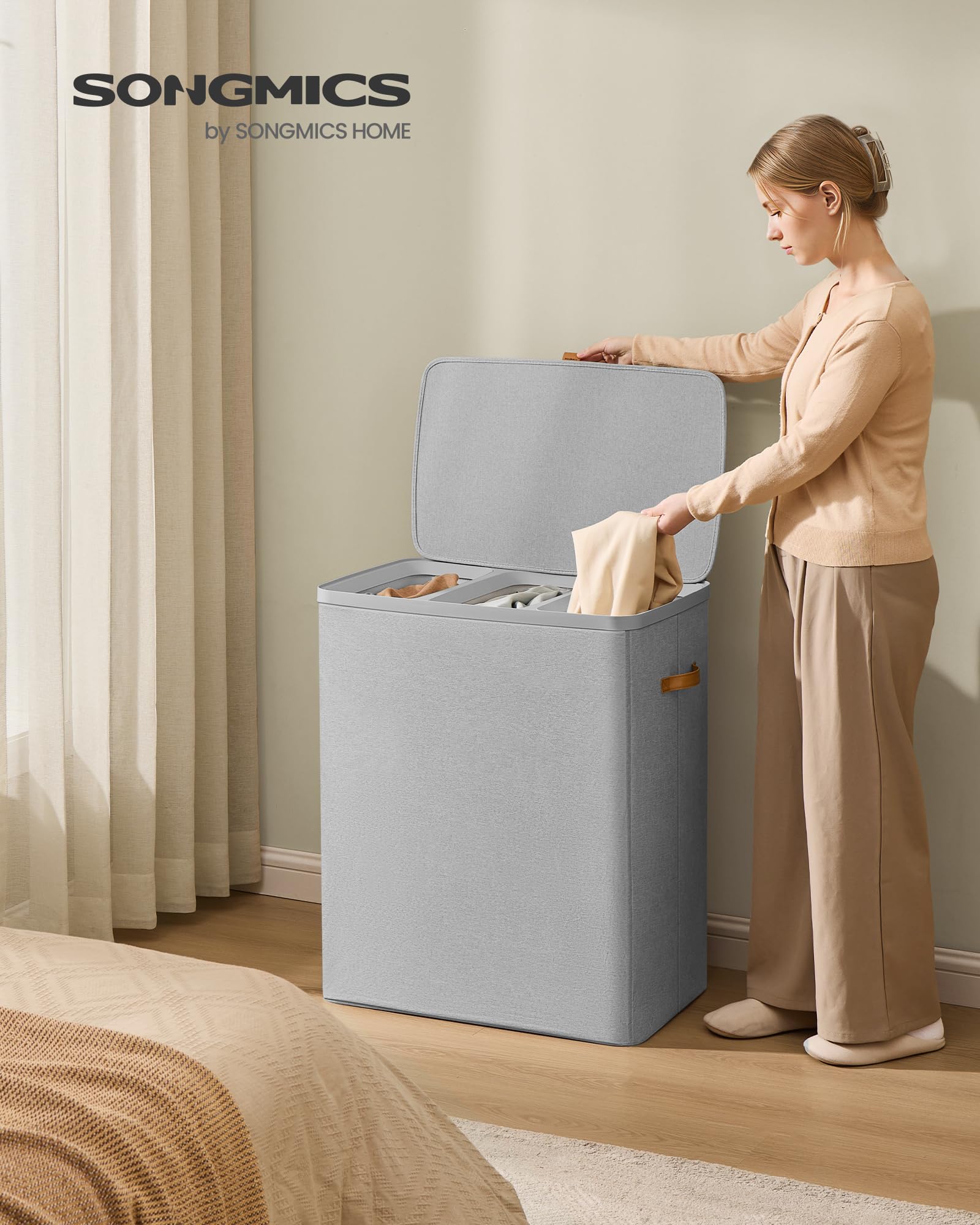 SONGMICS Wäschekorb, 190L Wäschesammler mit Deckel, 3 abnehmbare Taschen