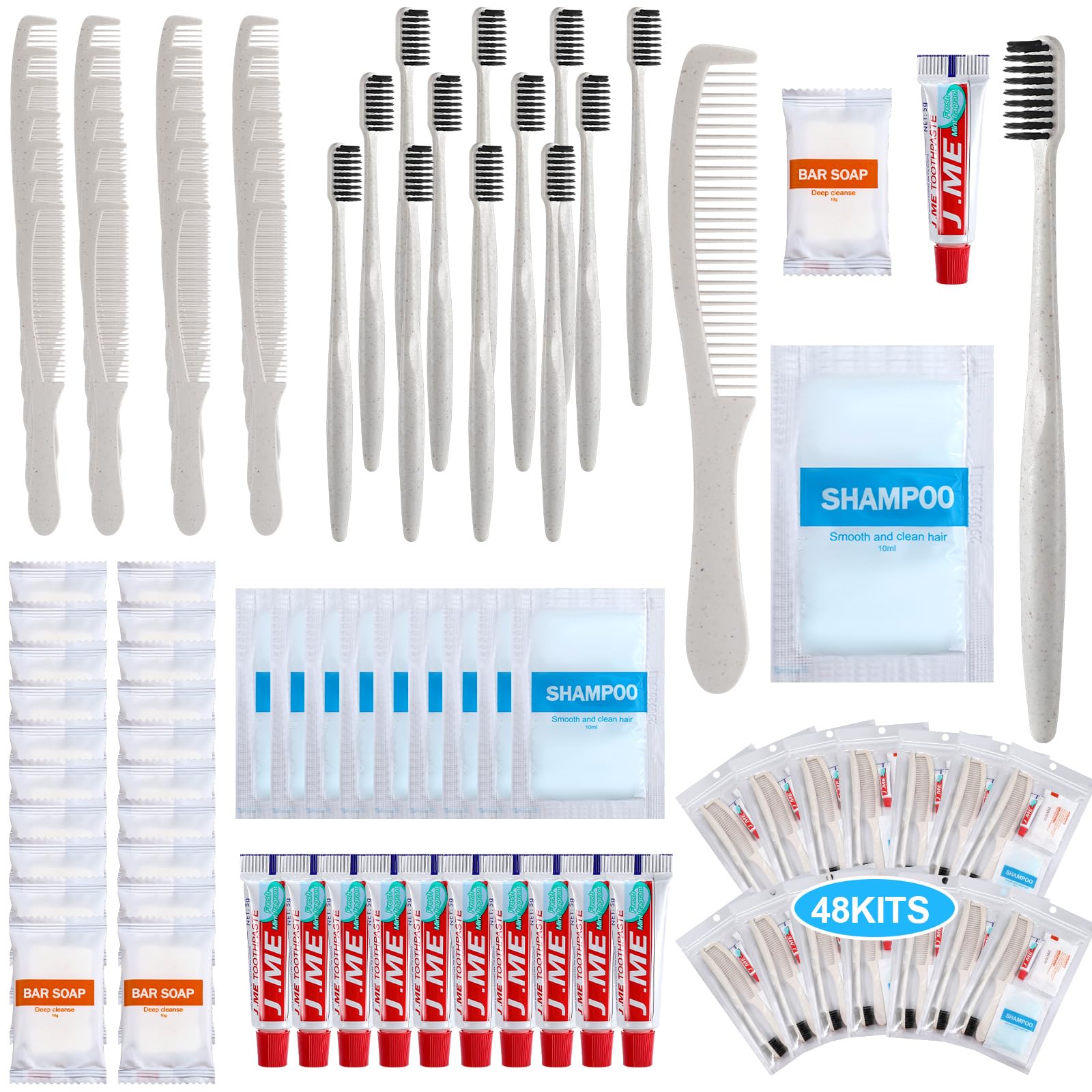 Hushee Kit per l'igiene personale, 48 pezzi, kit di articoli da toeletta di base, per uomini e donne, per viaggi di beneficenza, tra cui shampoo, spazzolino da denti, dentifricio, pettine e bagno