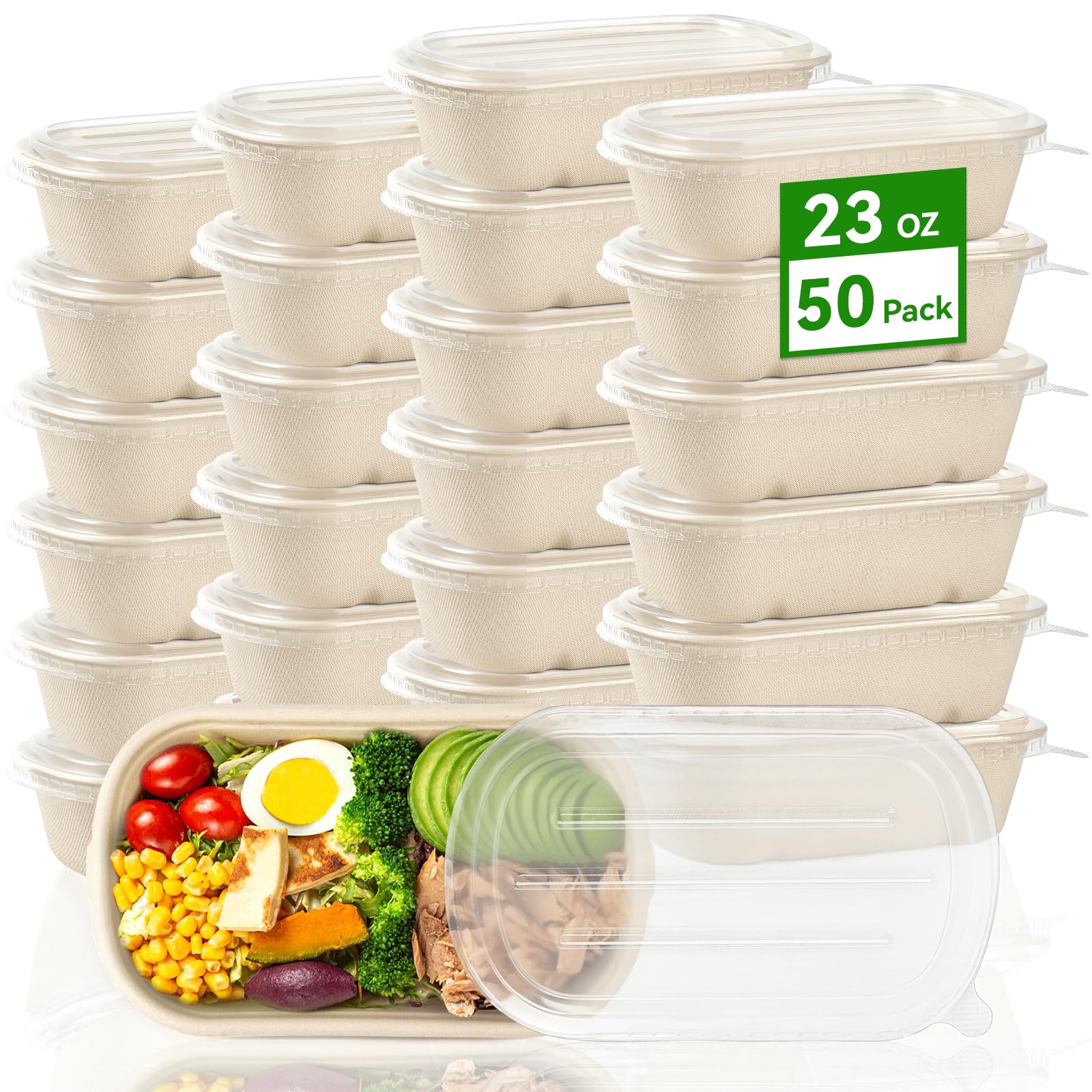 ZORRITA Confezione da 50 contenitori usa e getta da 652 g, in fibra di canna da zucchero, insalatiere con coperchio, contenitori per alimenti, per pasta, burrito e avanzi