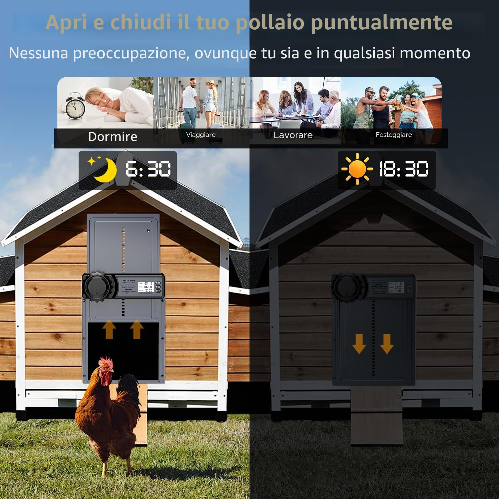 Porta Pollaio Automatico con Display LCD Programmabile Impermeabile Porta Automatica Pollaio In Lega di Alluminio Alimentato a Batteria Controllo Timer Funzione Anti-Pizzico