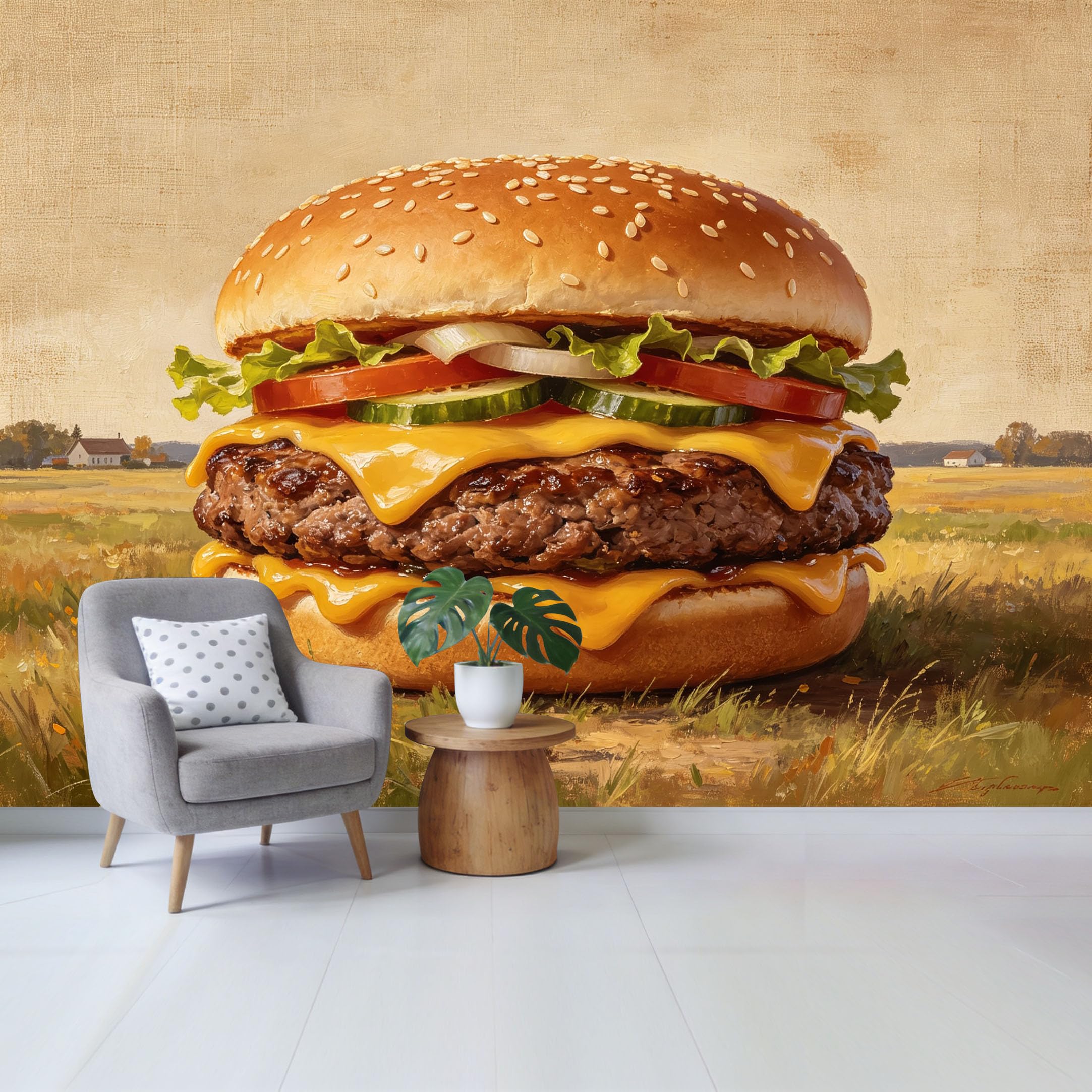 Qzlithotic Yq2605251058 Custom Size Wall Mural Delicious Cheeseburger Oil Painting Rustic Countryside Landscape Selfadhesive Wall Fabric Removable Wallpaper For Home Office Decor