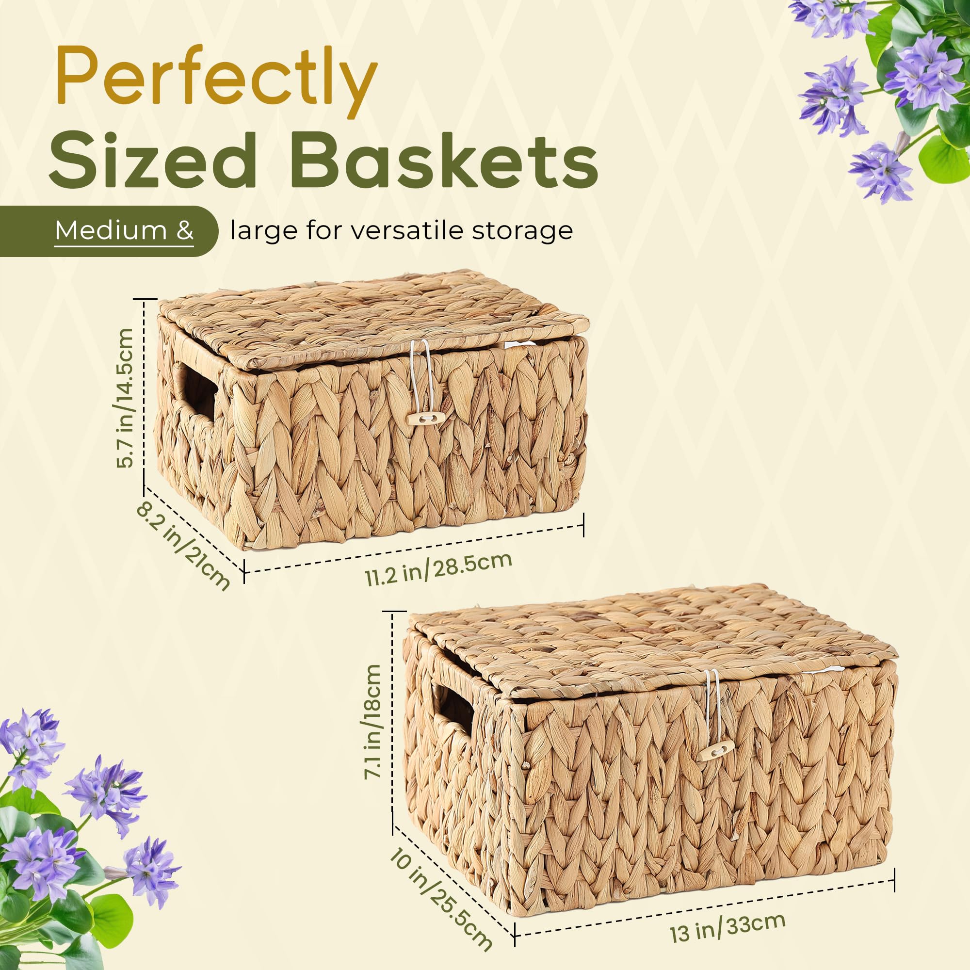 Juego de 2 cestas de mimbre con tapa, cestas de almacenamiento de jacinto de agua, cesta tejida con tapa para organizar, cesta de almacenamiento rectangular de mimbre con asas
