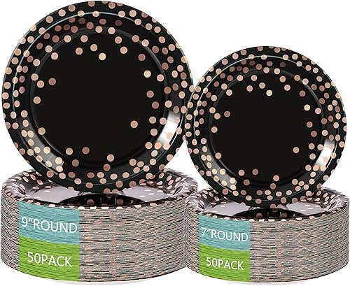 100 platos de papel desechables, platos de papel de oro blanco y rosa, platos de papel de fiesta de lunares de aluminio, platos llanos de 50 x 9 y