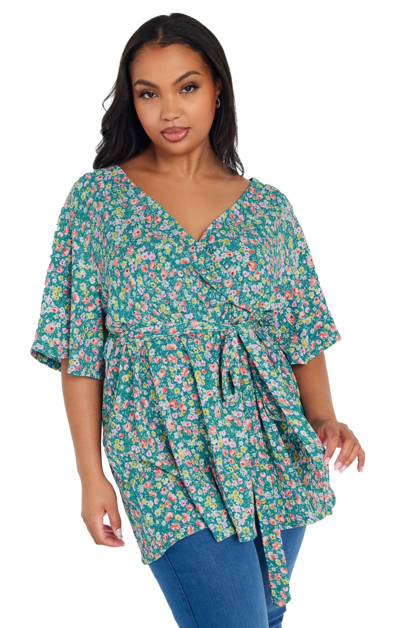 Floral Wrap Textured Top - Yours - Blue - Size 26-28