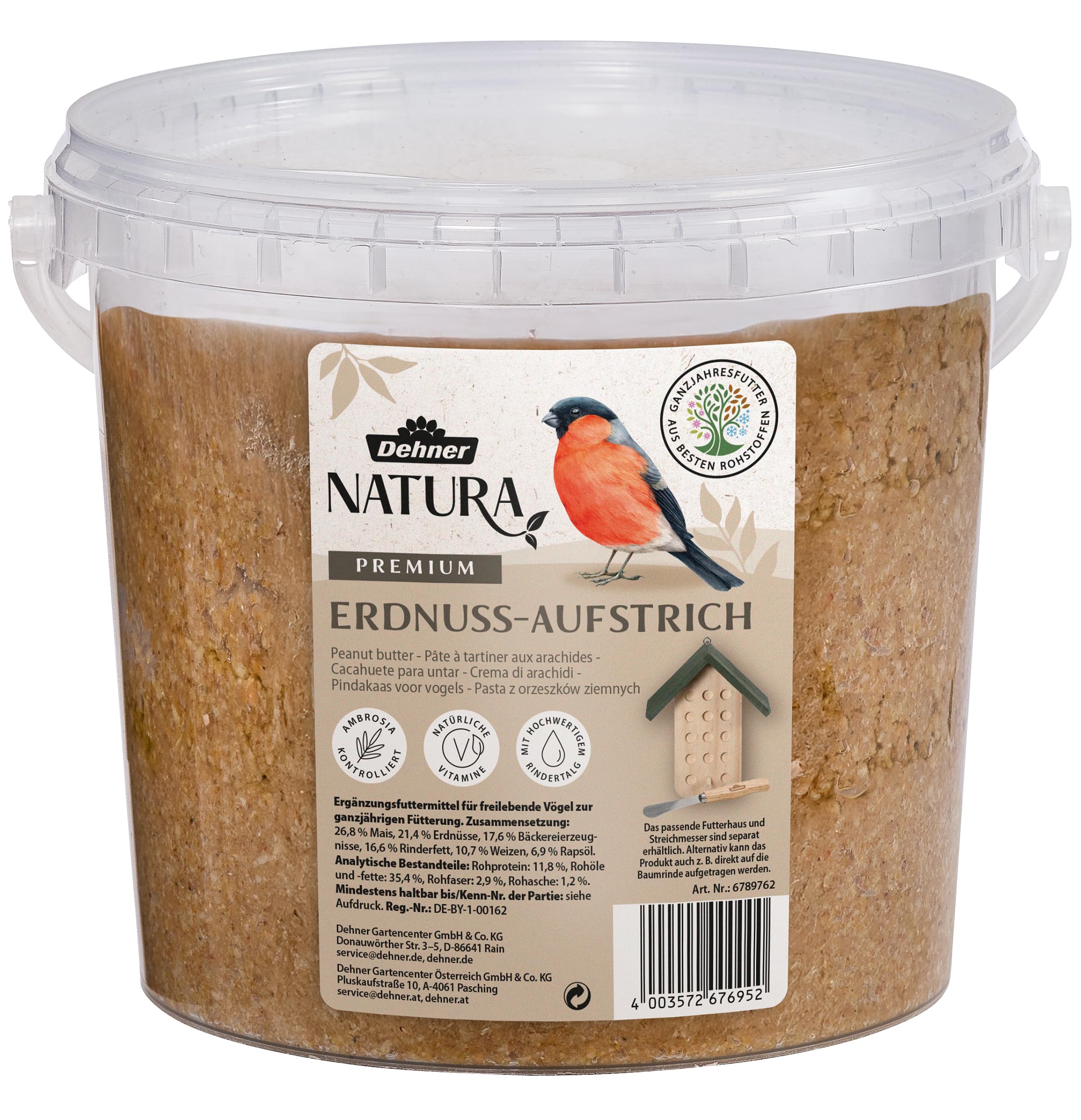 Dehner Natura Premium Nourriture pour Oiseaux Sauvages, Beurre de cacahuète en Seau, 2 kg
