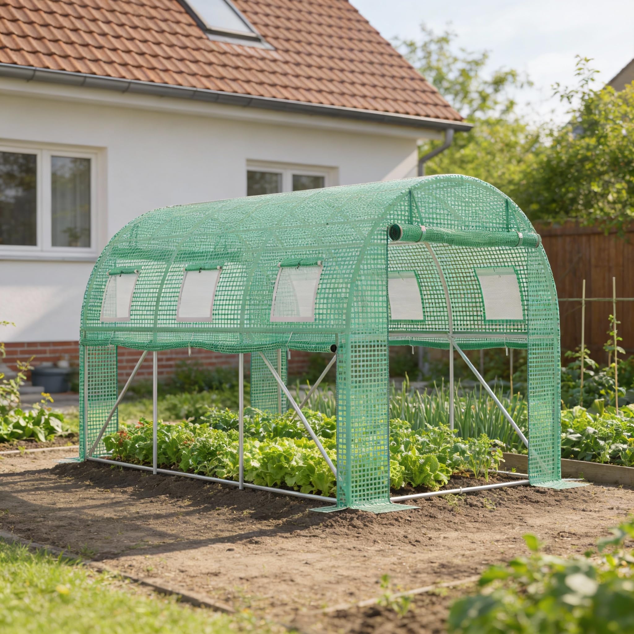 Aufun Gewächshaus 200x300x200 cm Foliengewächshaus Winterfest, Tomatenhaus mit 6 Fenstern & Tür, 140g/m² PE-Folie, Folientunnel mit verzinktem Stahlrahmen,Treibhaus für Garten, Balkon & Anzucht