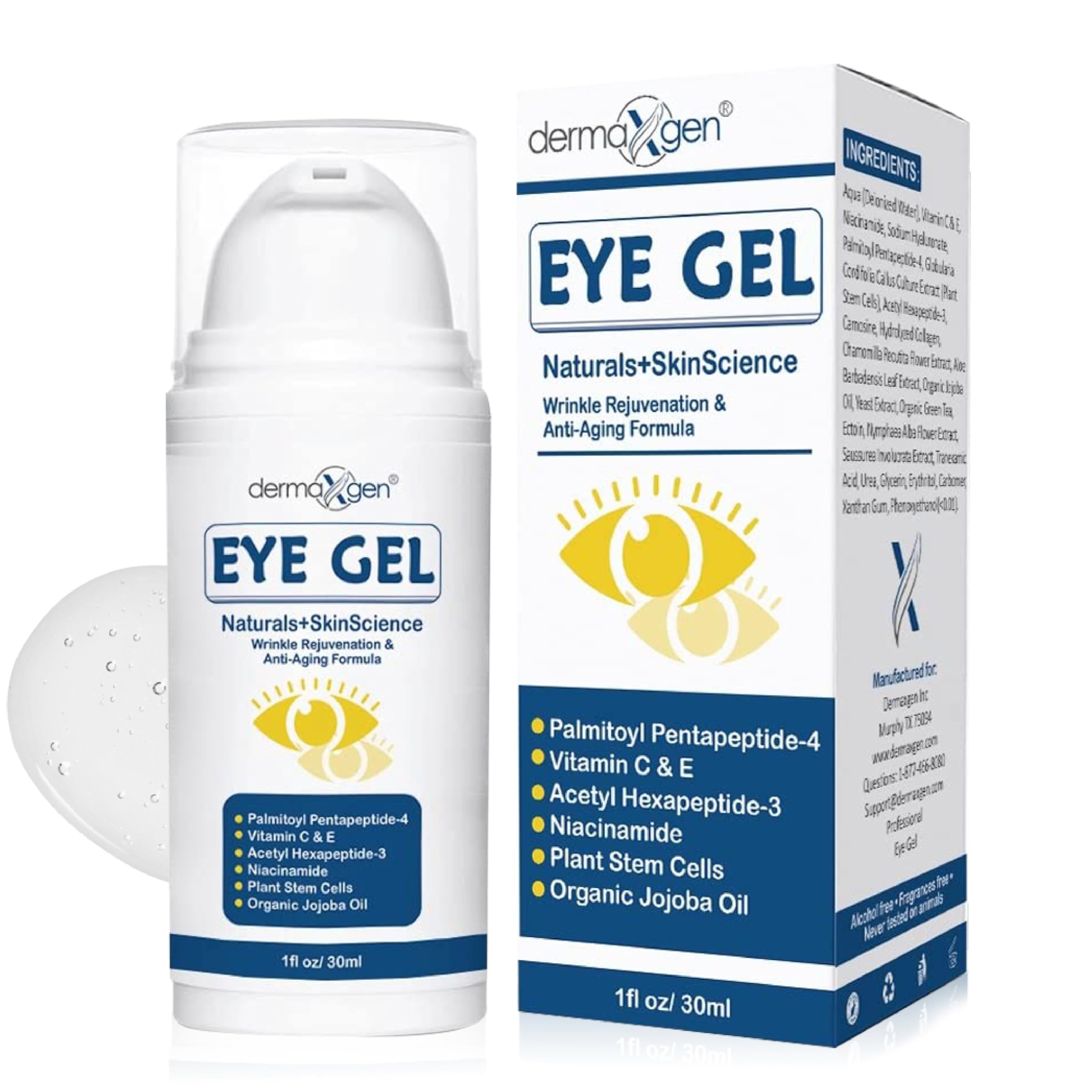DERMAXGEN Eye Gel for Dry Eyes – Night Gel with Plant Stem Cells, Matrixyl 3000 & Peptides – Under Eye Gels for Dark Circles and Puffiness | Hydrates for a Smooth, Refreshed Look – 1 Fl Oz / 30 ml
