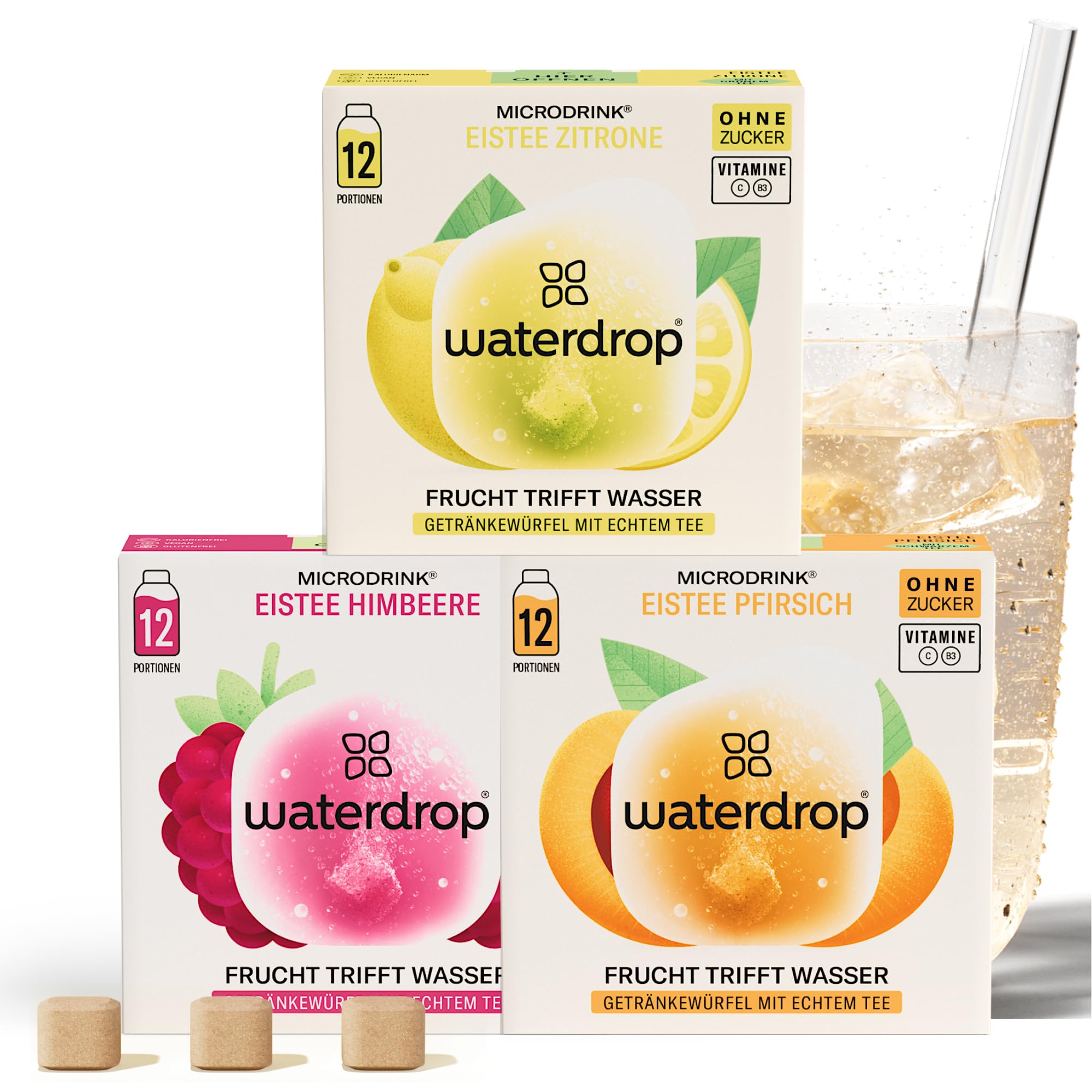 waterdrop® Eistee Mix - 36 Drops Pfirsich, Zitrone & Himbeere - zuckerfreier Durstlöscher & Alternative zu Sirup und Getränkepulver - Ice Tea mit Vitaminen & Schwarzem Tee für Wasser mit Geschmack