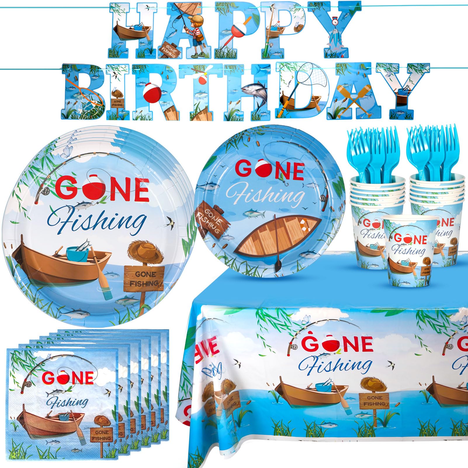 Atonofun Gone Fishing Birthday Party Decorations, Disposable Plates, Napkin, Fork, Cup, Tablecloth, Banner for Ofishally One Birthday Party Serves 24