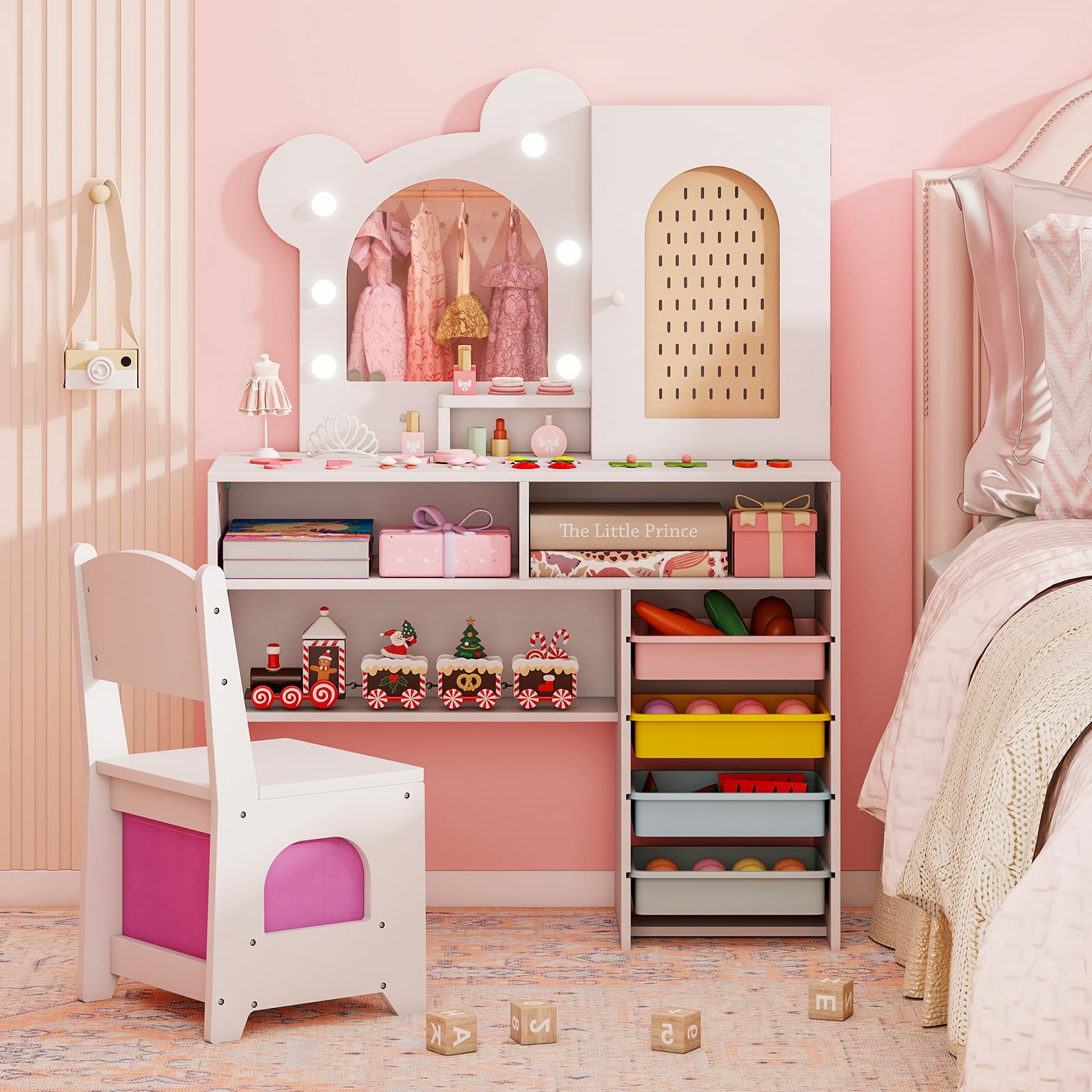 COSTWAY Toeletta per Bambine 3+ Anni, Set Tavolo e Sedia con Luci da Principessa con 5 Cassetti e 2 Scomparti, Armadietto con Porta e Scaffale Aperto, Ideale per Cameretta Bambina (Bianco)