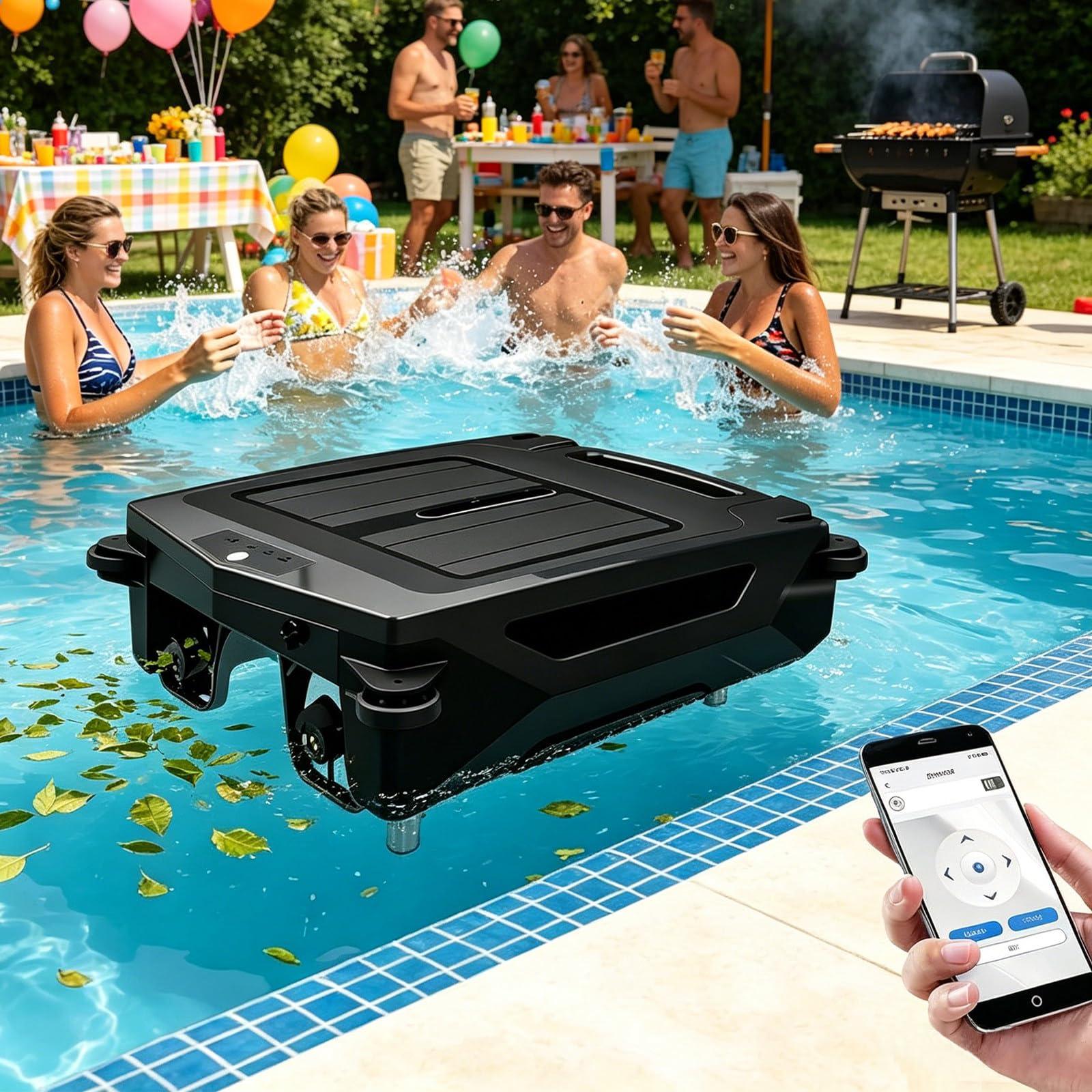 Kindevieft Solar Robotic Pool Skimmer, Dual Charging & App Control, Intelligent Obstacle Detection, Automatic Cleaning, 200m² Black