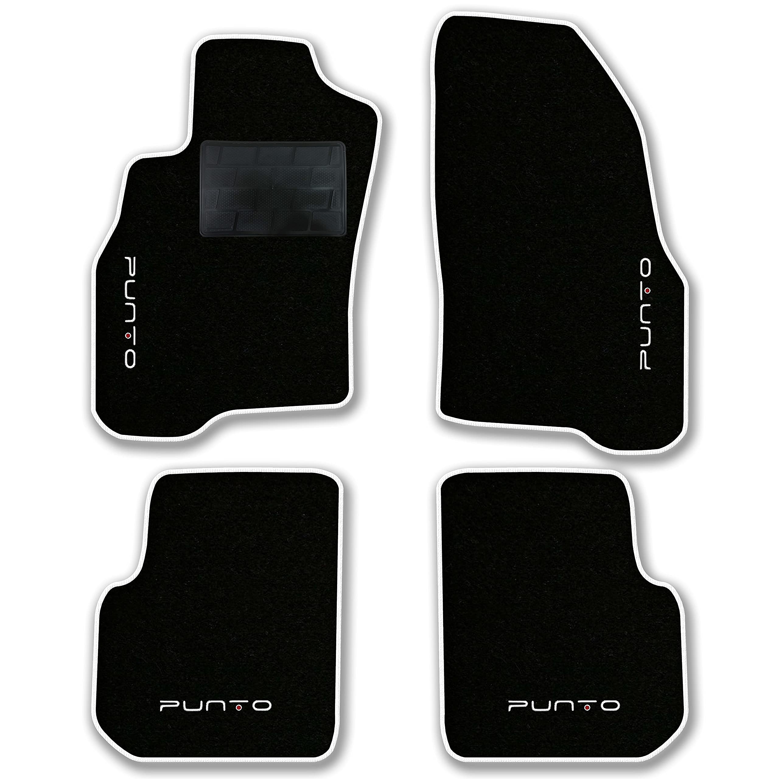 QUEMAR Tappetini Auto compatibili con Punto e Punto EVO 2009-2018/ Kit Tappeti in Moquette e Gomma su Misura (Set 2 Anteriori + 2 Posteriori)/Ricami e Colori Personalizzati (4 Ricami, Bordo Bianco)