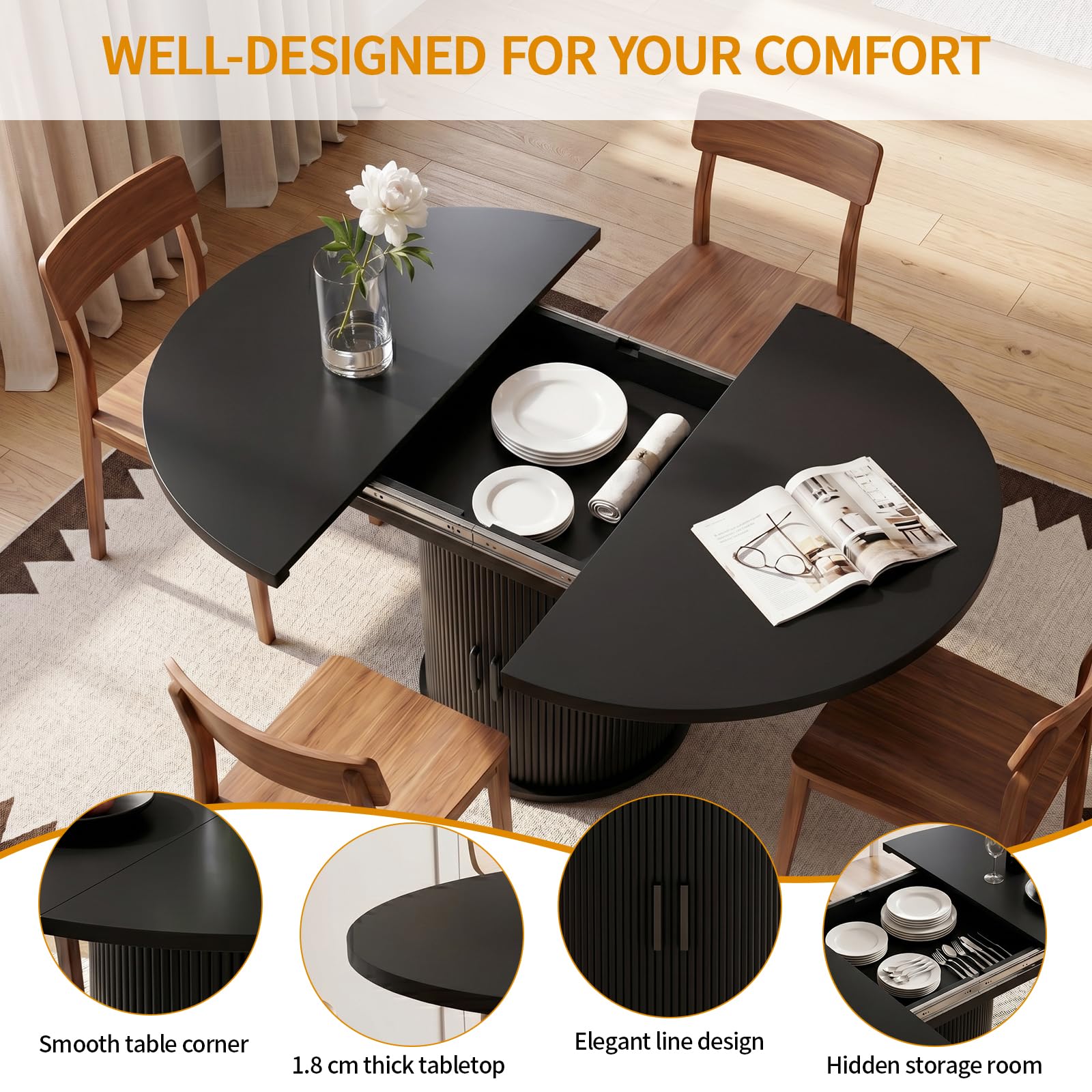 Tavolo da pranzo rotondo allungabile per 4-6 posti, 118-158 cm, ovale da cucina con armadio nascosto, si estende fino a ovale, per casa, sala da pranzo, soggiorno, nero