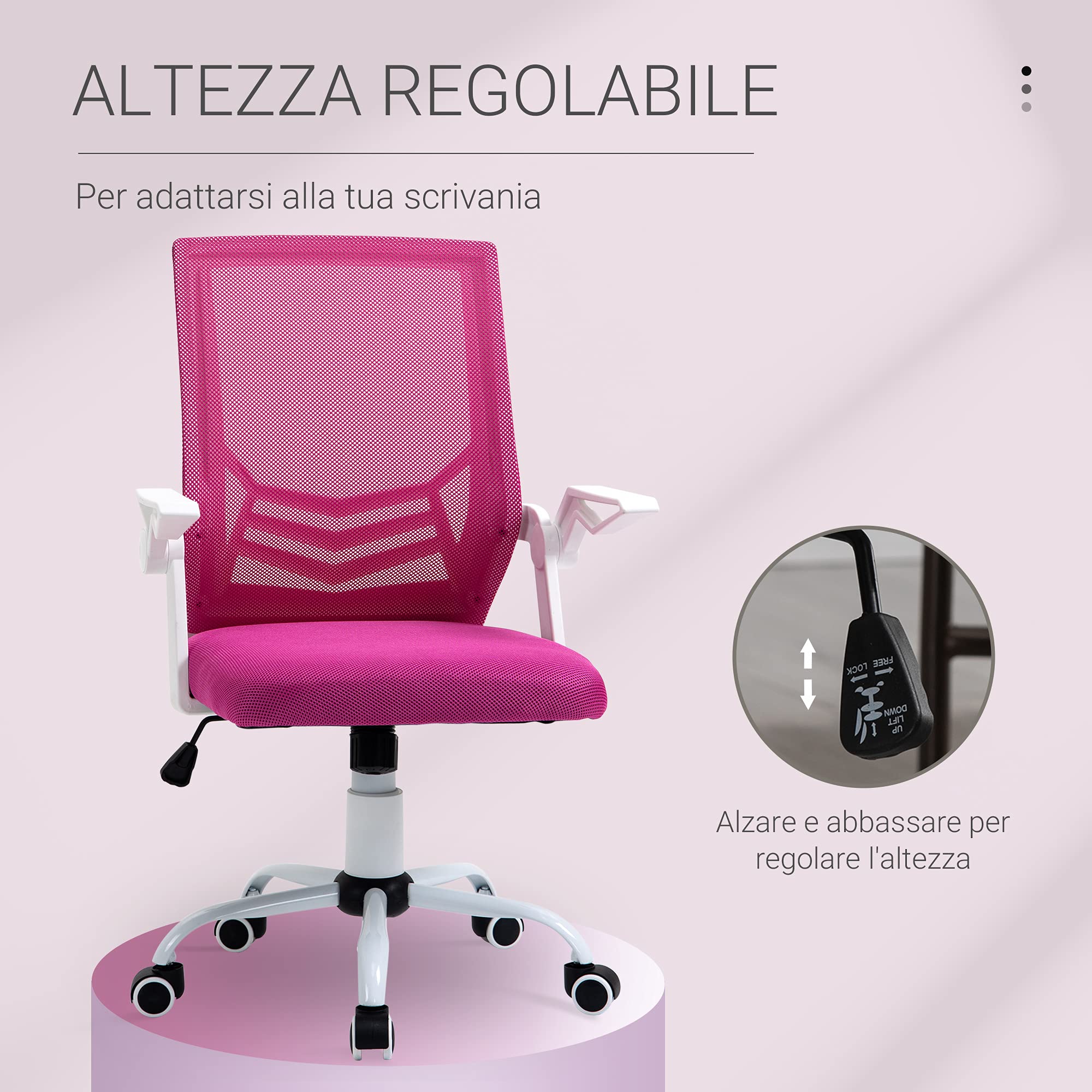 Vinsetto Sedia da Ufficio Ergonomica con Supporto Lombare 120kg Rosa | Braccioli Pieghevoli, Sedia da Scrivania Girevole, Rete Traspirante, Schienale Reclinabile, Altezza Regolabile