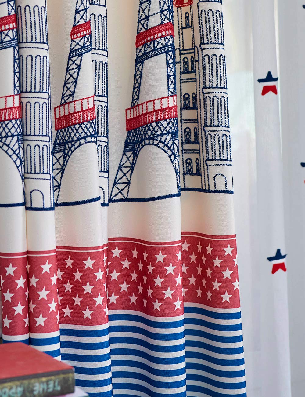 Lactraum Rideau Chambre Enfant Garçon Brodé Etoile Tour Eiffel Big Ben Coulissant Tour de Pisa Opaque avec Ruban Universel 145x245cm