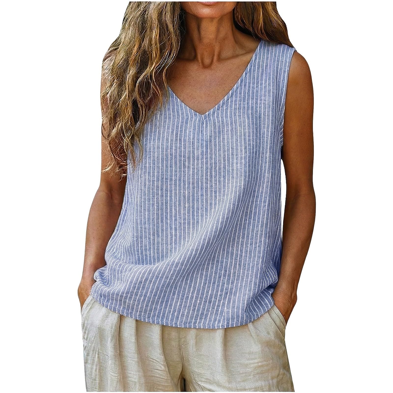 Camiseta sin mangas a rayas para mujer, blusa informal con cuello en V y corte holgado para el corsé Bustier
