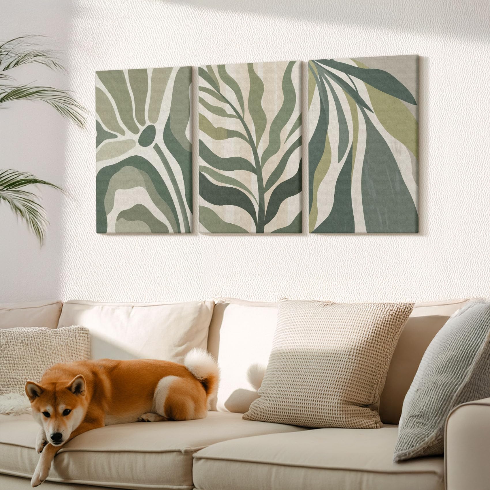 Wallfluent Cuadros 60x40 cm Tríptico en Lienzo Polycanvas – Arte de Pared para Dormitorio o Salón – Ilustraciones de hojas pintadas en tonos verdes