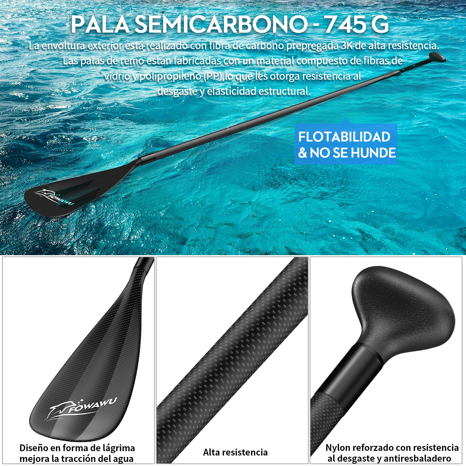 FOWAWU 3-Parte Remo Paddle Surf Semi-Carbono/Carbono Pala Sup Paddle Telescopic 160cm–210cm para Tabla de Surf Canoa Sup, Ligero y Portátil