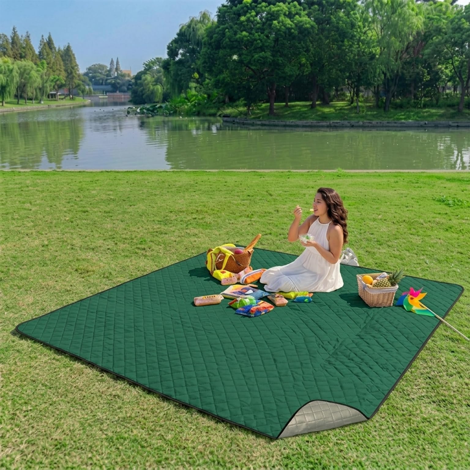 Large Dark-Green Waterproof Picnic Blanket 200cm x 200cm, 6 Person Thickened Soft Cotton Foldable Sandproof Machine Washable Beach Mat for Park, Camping & Beach
