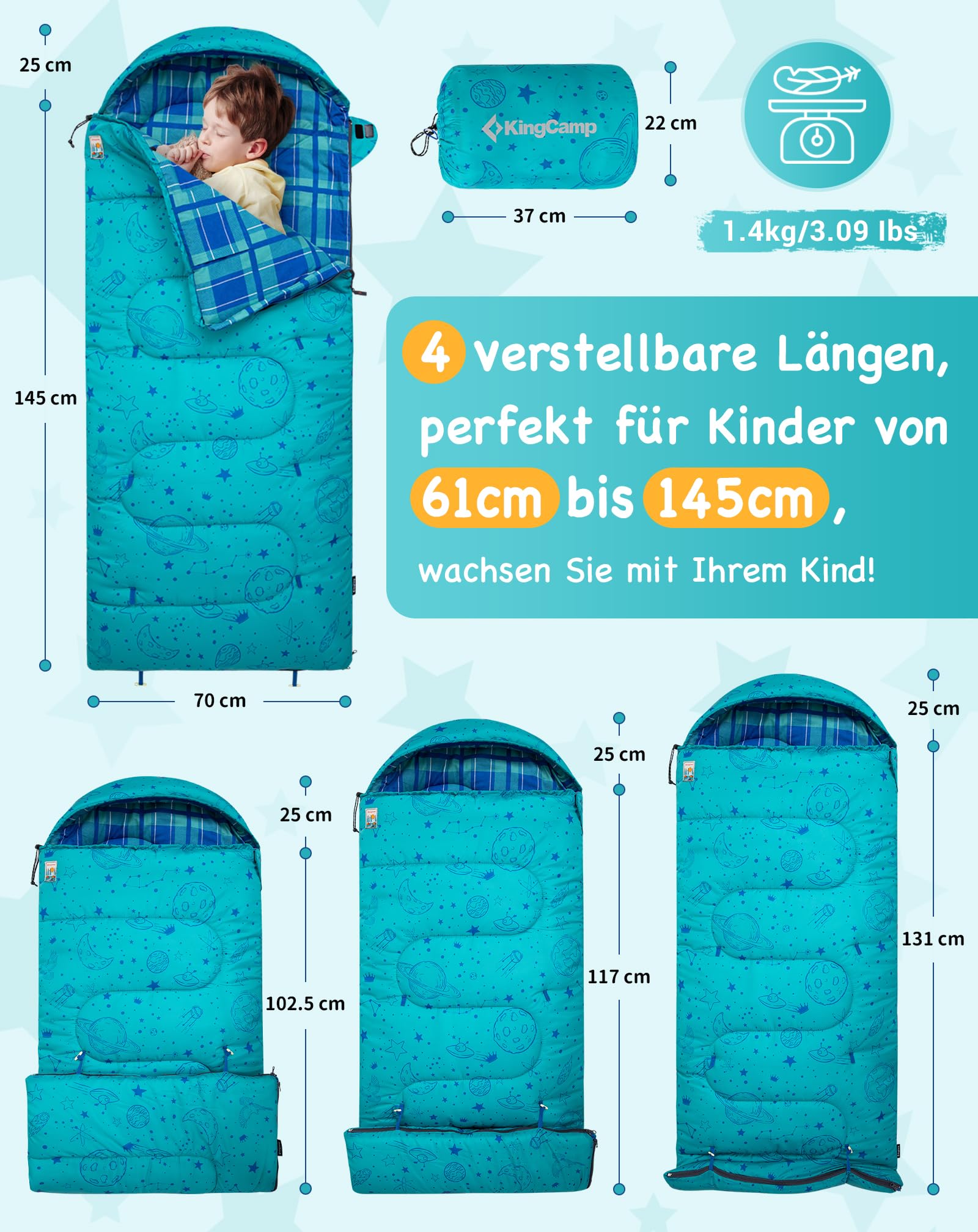 Kingcamp Kinderschlafsack Baumwolle Flanell Sommer bis 145cm | Deckenschlafsack für Kinder 10-12 Jahre: warm, komfortabel&wasserabweisend–ideal für Camping&Outdoor-Reisen