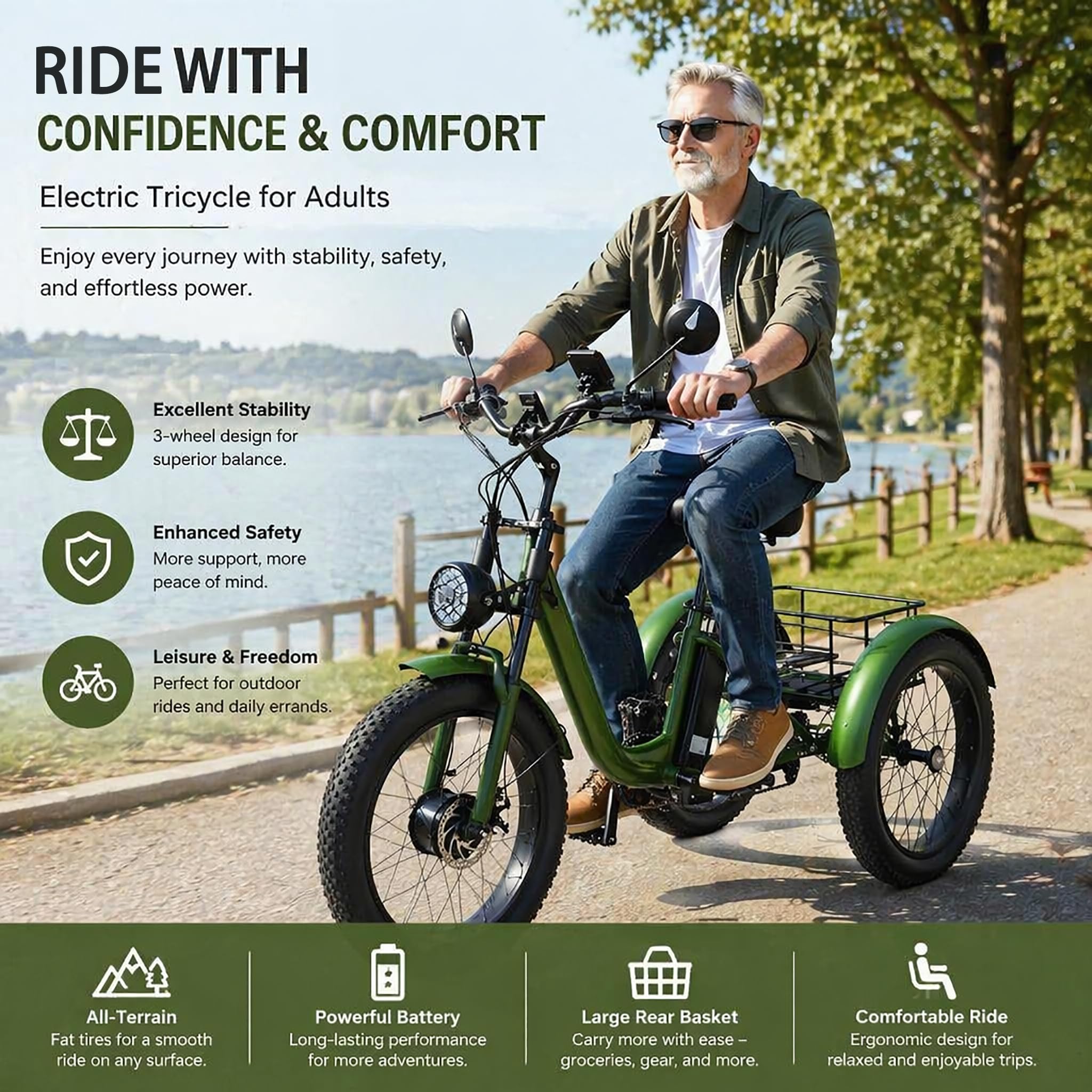 3 Rad Elektrofahrrad Erwachsene 24 Zoll Fettreifen 7 Gang Motorisiertes Dreirad mit Heckkorb Lange Strecke E-Trike Senior Herren Damen Pendler Einkaufen Outdoor Freizeit Nutzung Green