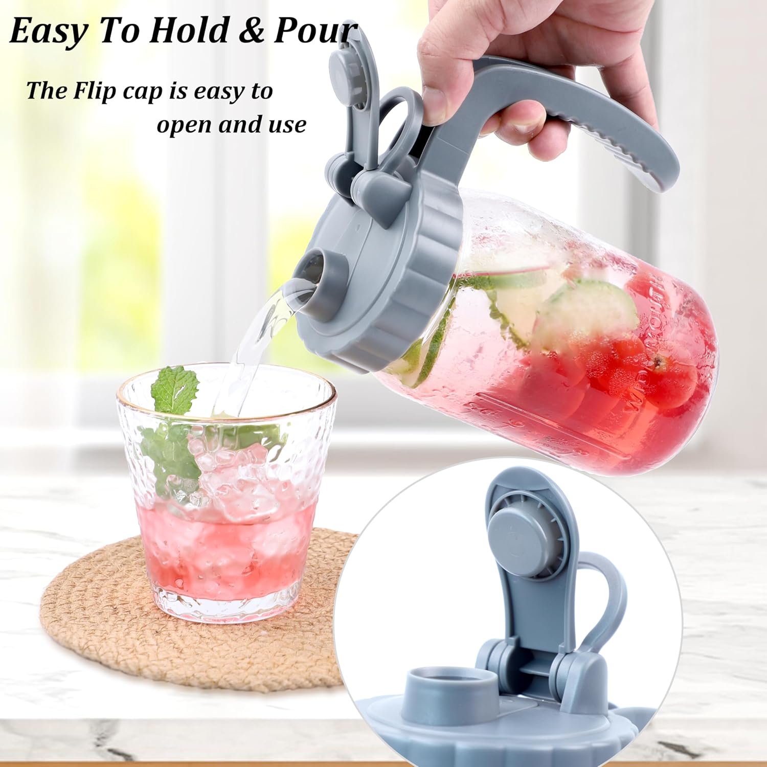 Mason Jar Pitcher 32 OZ Glass Pitcher With Pour Spout Lids Airtight Leak Proof 1 Quart Wide Mouth Water Pitcher With Handle And Flip Cap For Iced Tea, Milk, Sun Tea, Lemonade,Juice, Iced Coffee - Image 3