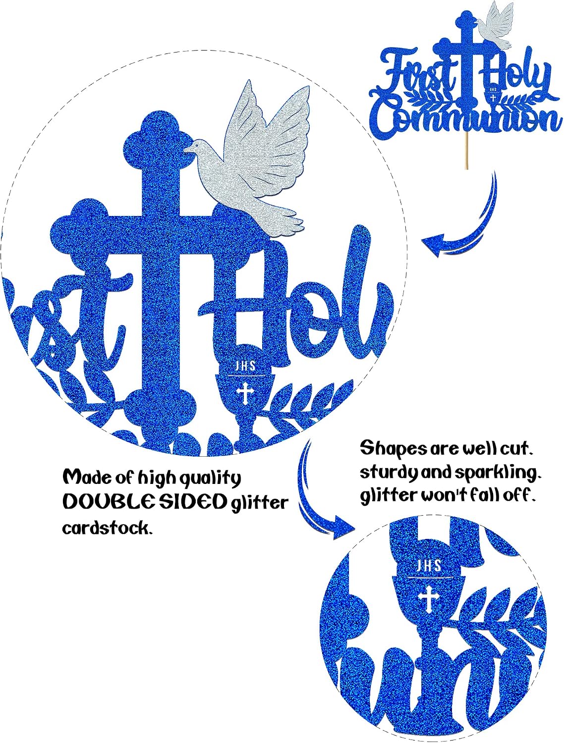 First Holy Communion Blue Cake Topper Decoration for Boys Girls Glitter 1st Decorations Baptism Christening Baby Shower Party Supplies