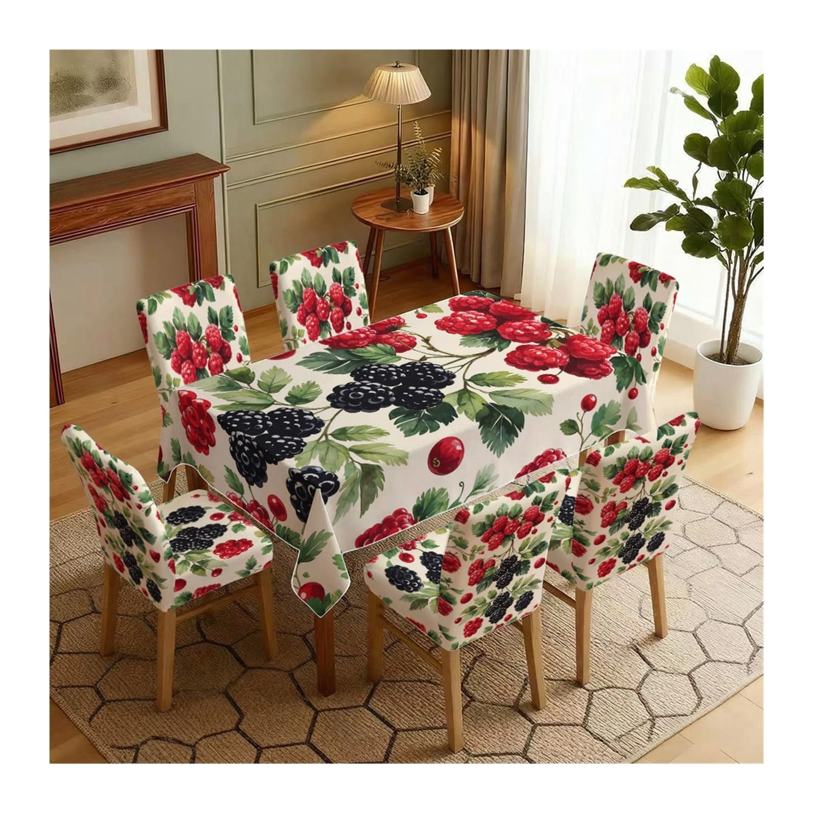 KXUAUV Fresh Berry Print Tablecloth And Chair Covers Set, Stretch Slipcovers For Farmhouse Countryside Dining Room Decor, 5/7 Pack Party Decor(7pcs Set: Tablecloth+Chair Covers)