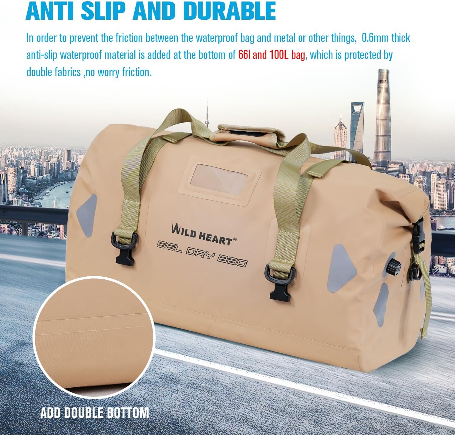 WILD HEART Waterproof Motorcycle Duffel Bag PVC500D Double-bottom With Rope Straps and Inner Pocket 40L 66L 100L for Kayaking, Camping, Boating,Motorcycle - Image 3