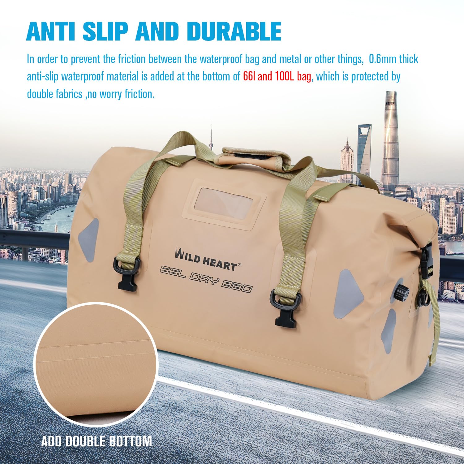 WILD HEART wasserdichte Reisetasche PVC500D Doppelboden mit Seil und Innentasche 40L 66L 100L Für Kajak,Camping,Bootfahren,Motorrad
