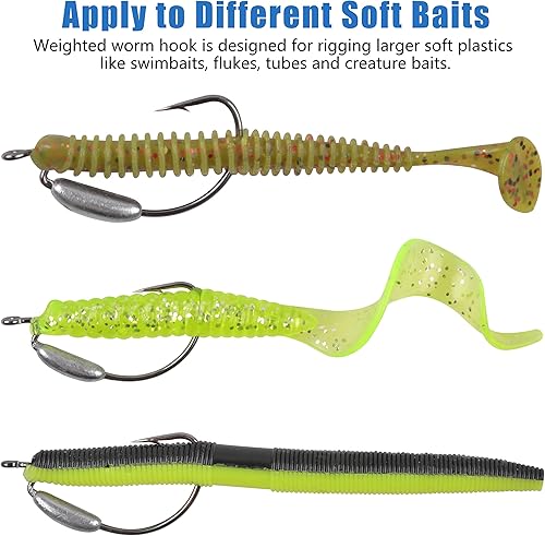 Miniatura 4 de Ganchos con peso para plástico suave, 30 ganchos para agua salada para agua salada, ganchos extra anchos, ganchos de gusano sin malezas, gancho de