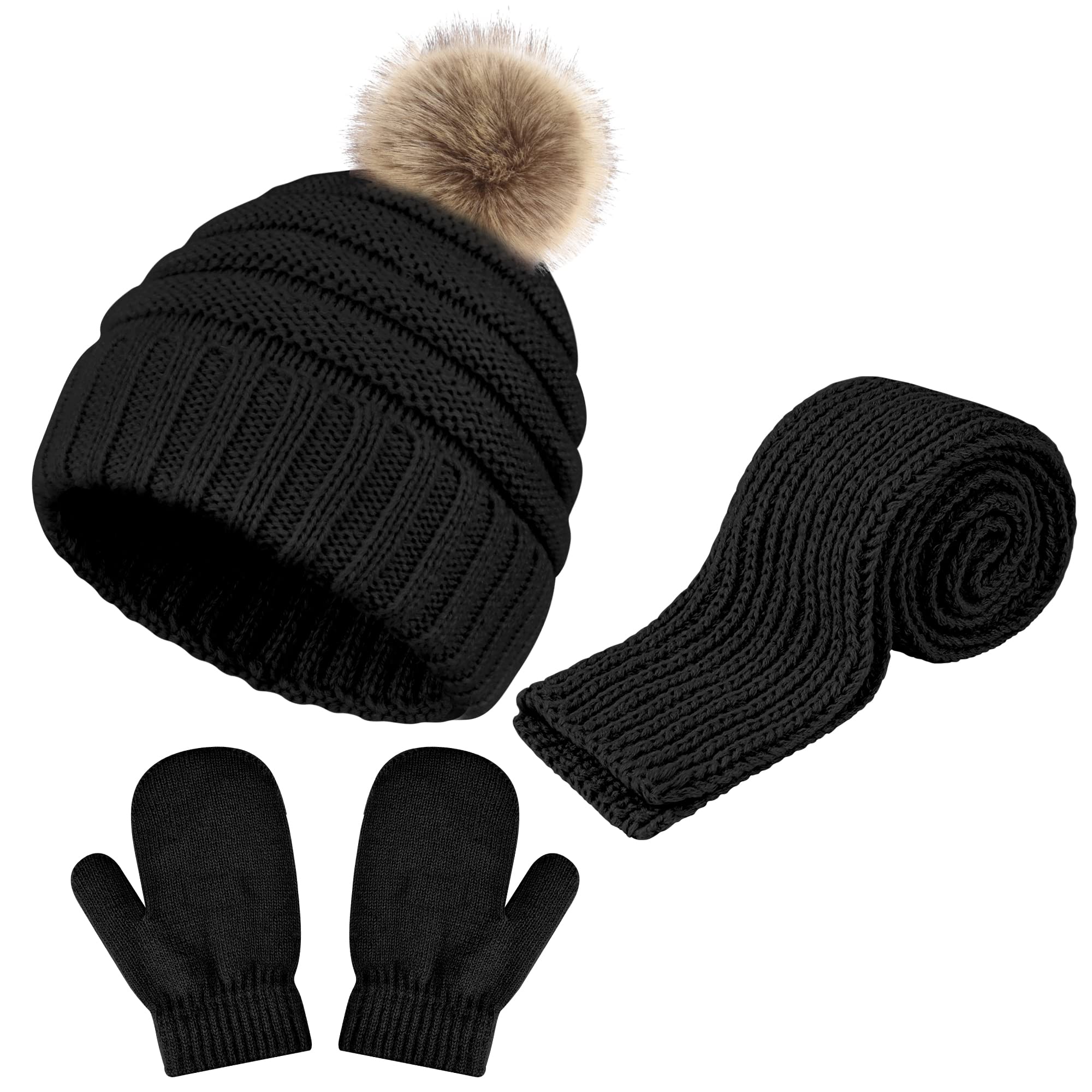 Hicdaw Kids Winter Hats Gloves Scarf Set Baby Mittens Gloves with Pompom Baby Winter Hat Toddler Beanie Hat for Boy Girl