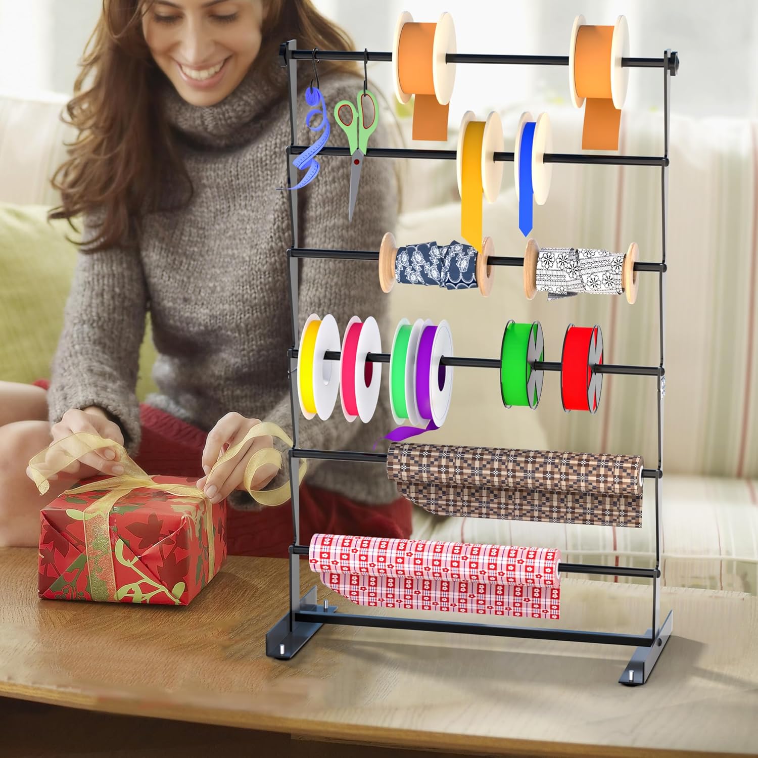 Alyoen 6 Tier Ribbon Organizer, Metal Ribbon Holder Storage Rack with Activity Hooks, Ribbon Spool Holder for Craft Room Sewing Thread Mesh Ribbon Wreath Washi Tape, Florist Arts Wrapping Gift