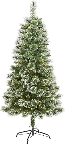Nearly Natural Wisconsin Slim Snow Tip Árbol de Navidad artificial de pino de 5 pies con 150 luces LED transparentes