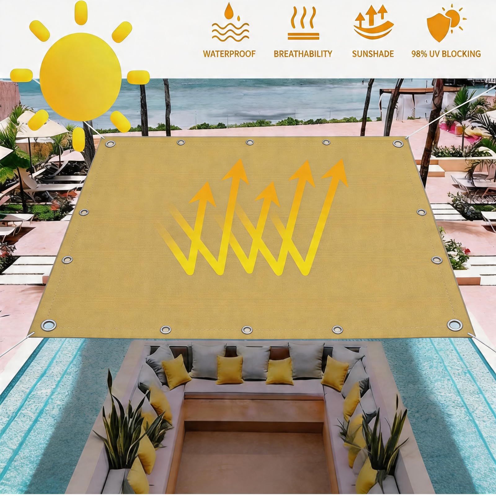 Toile d'ombrage 175 x 245 cm Protection UV, Anti-Déchirure, Coupe-Vent, Imperméable Voile d'ombrage Rectangulaire, Parasol avec Cordes pour Terrasse Jardin Extérieur, Couleur Crème
