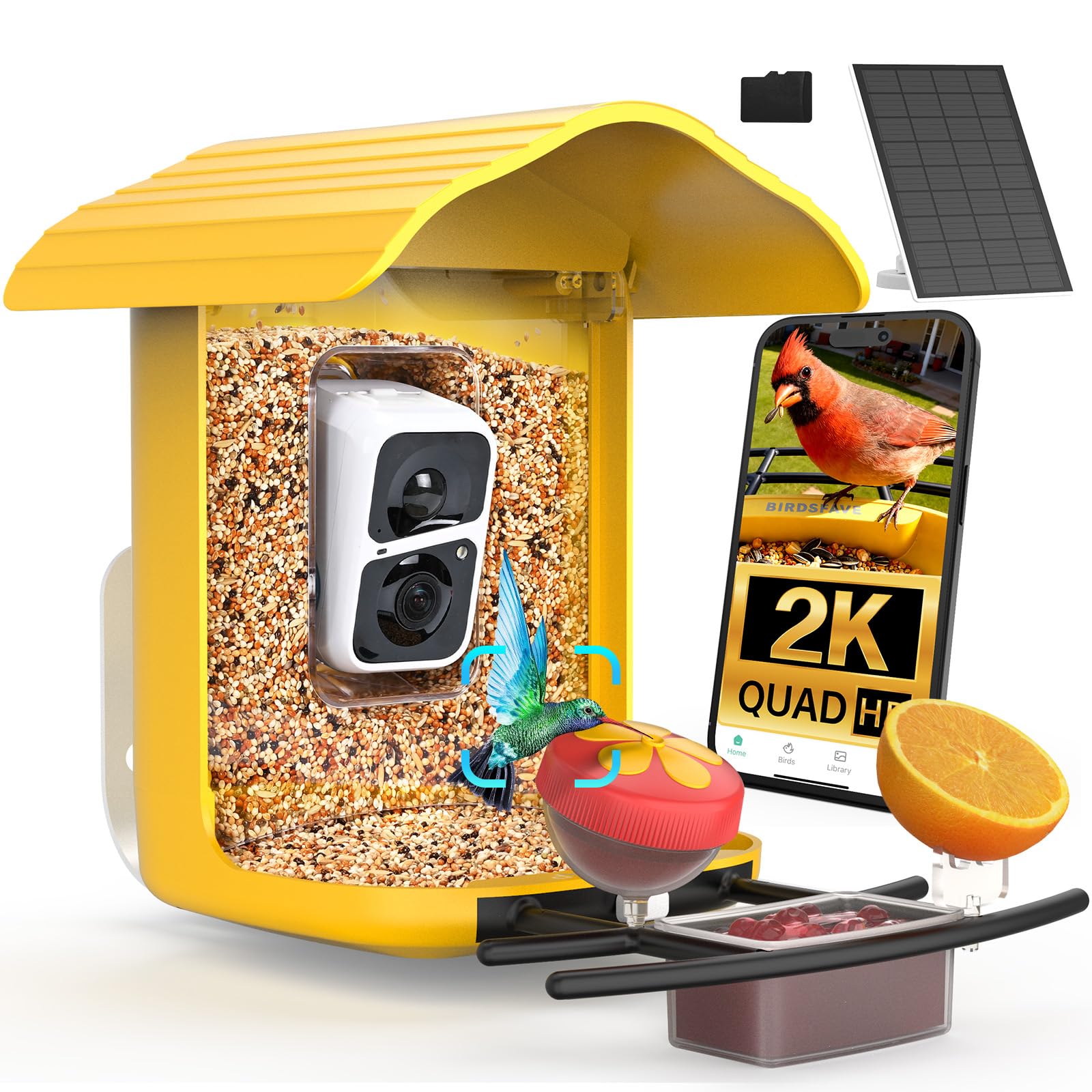 birdsnap® PAV-Comedero para pájaros con cámara, 2K HD con tarjeta de 64 GB, panel solar inteligente de identificación de inteligencia artificial, transmisión en vivo, detección de movimiento