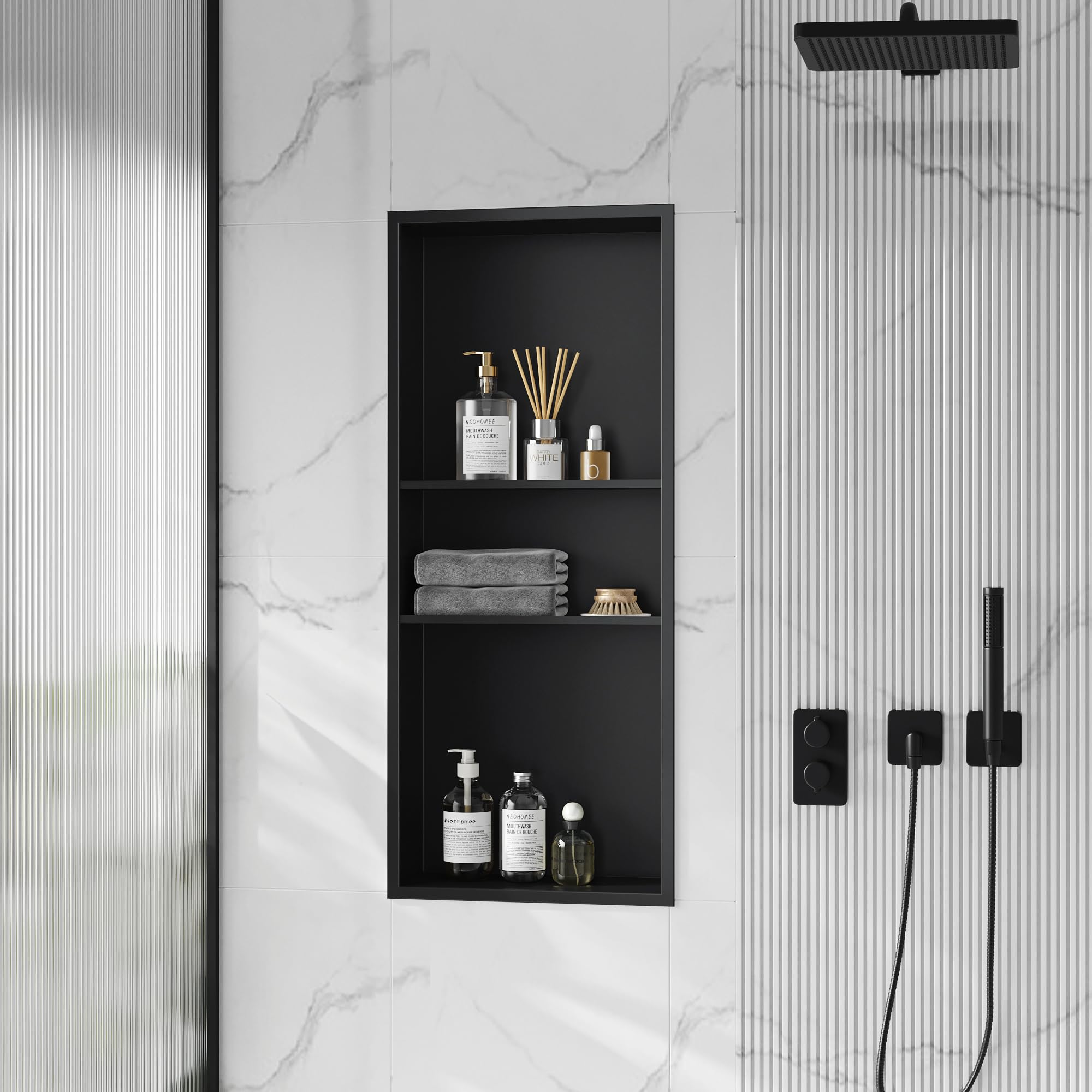 Neodrain Nicho de ducha de 30 x 12 pulgadas, negro mate, nicho de pared de acero inoxidable, nicho de pared de acero inoxidable, no necesita azulejos, ducha empotrada para almacenamiento de baño