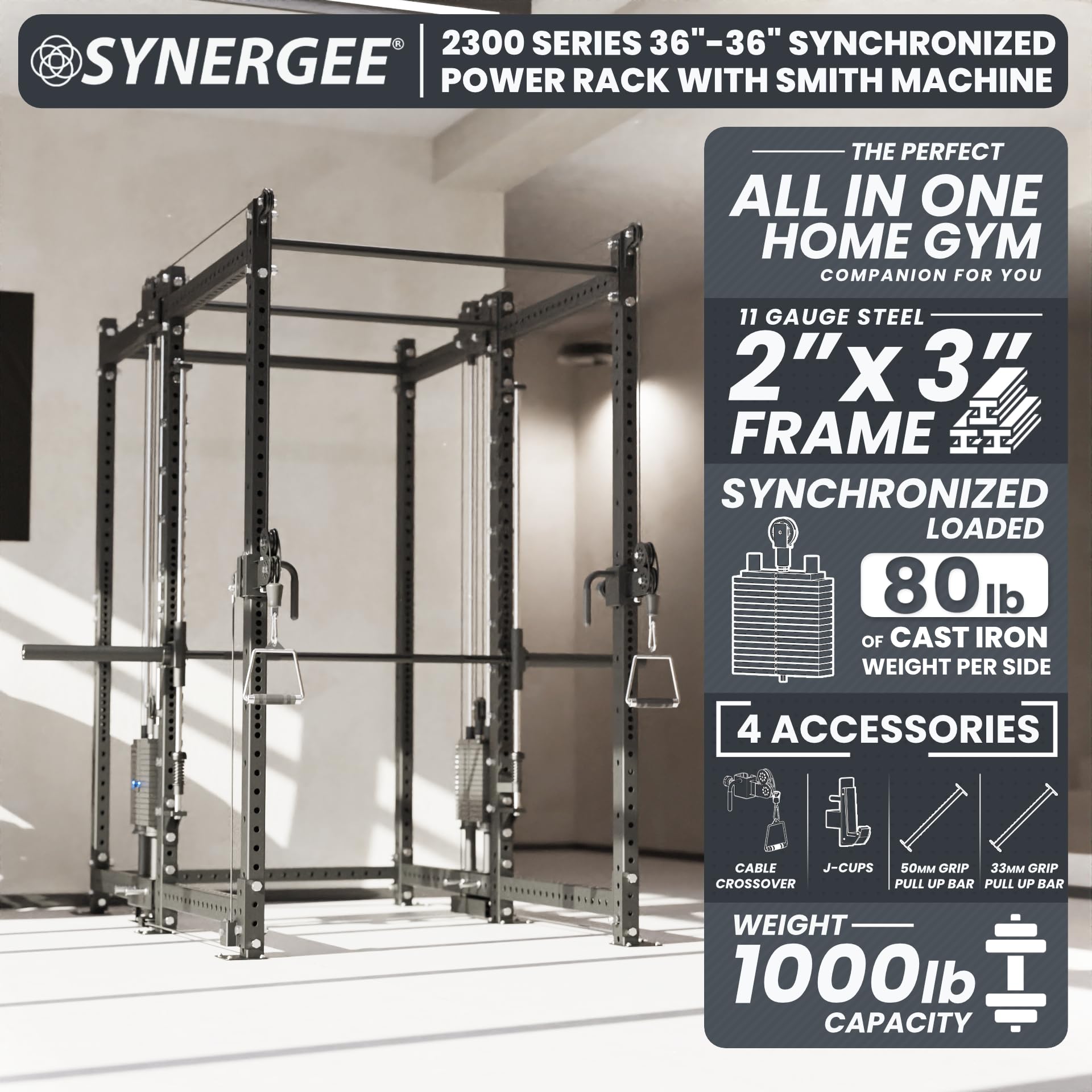 Synergee 2300 Series Power Cage with Synchronized Loaded Cable Cross Overs and Smith Machine - Black - 36x36