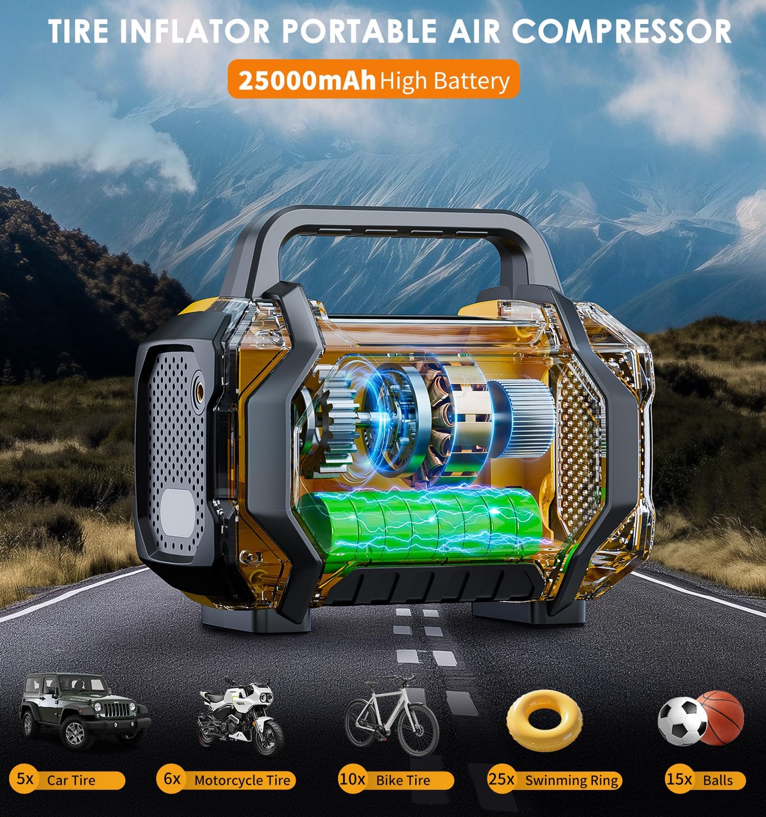 Tire Inflator Portable Air Compressor 6X Fast 150PSI Air Pump for Car Tires Cordless Car Motorcycle Balls Bike — view 2