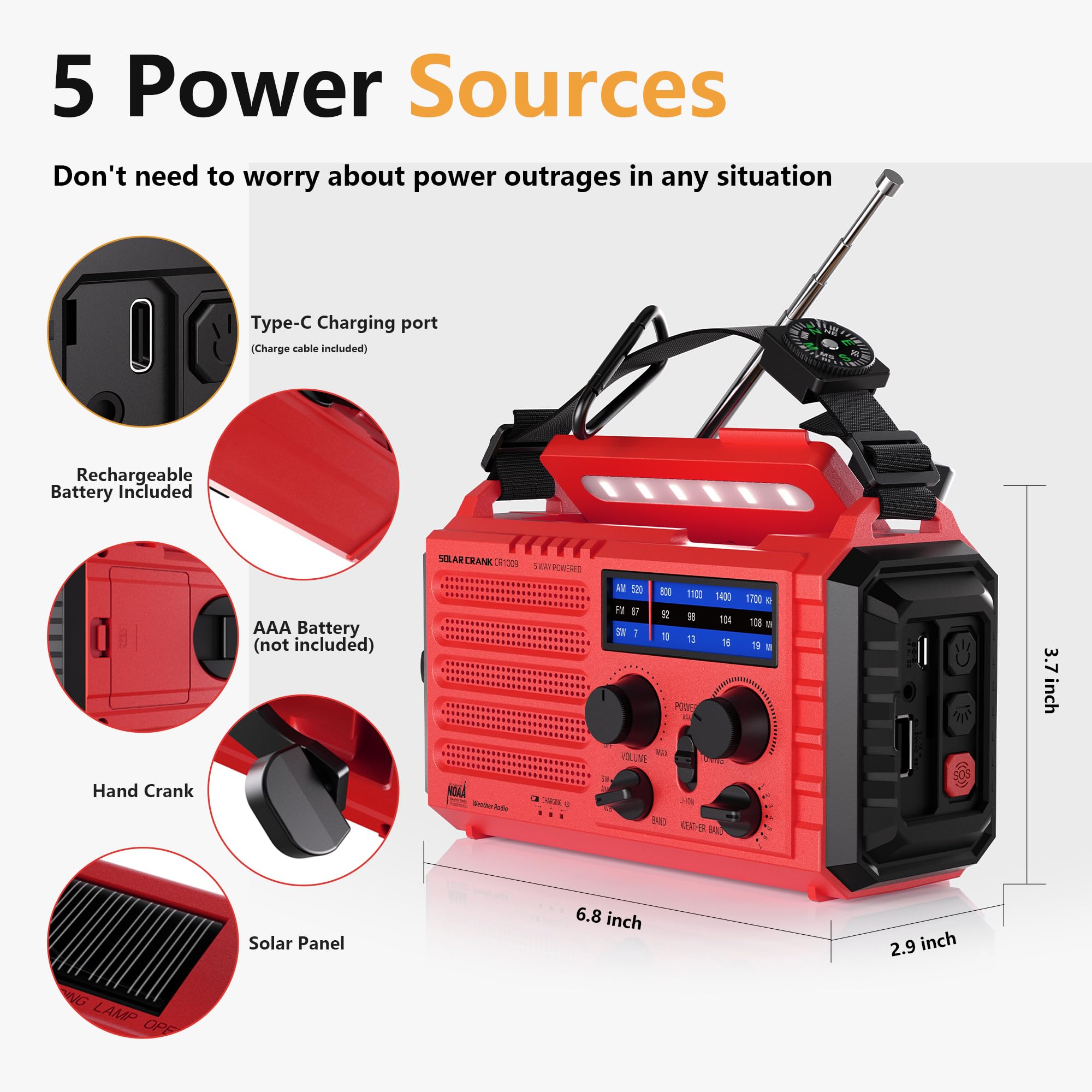 Radio awaryjne z korbą, solarne, przenośne radio, wodoszczelna lampa LED Dynamo, powerbank, radio AM/FM/SW i alarm, energia słoneczna, korbka na baterię