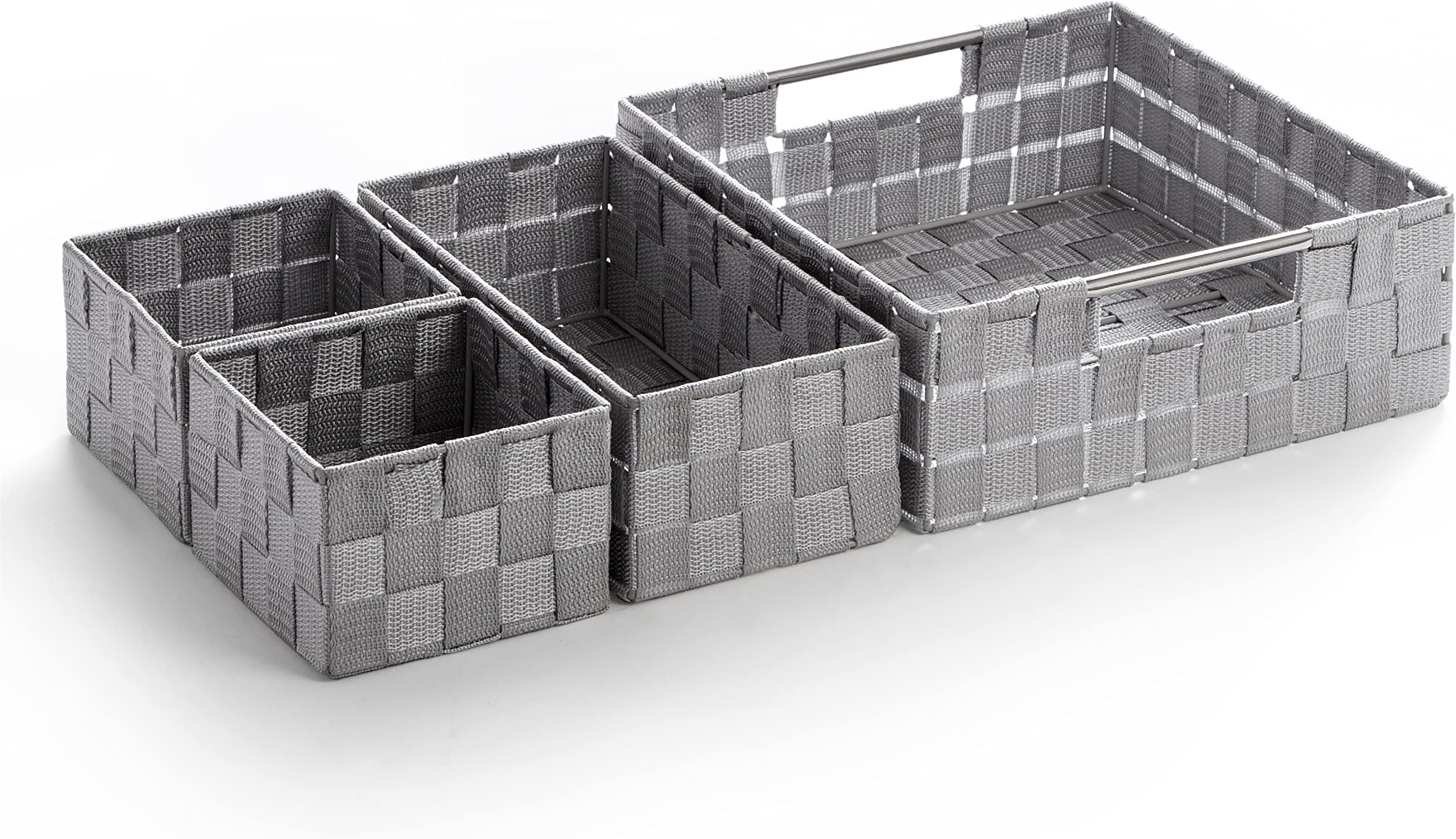 BINO 4-Piece Woven Strap Storage Basket Organizer Set - Shelf Organizer with Built-in Carry Handles, Light Grey